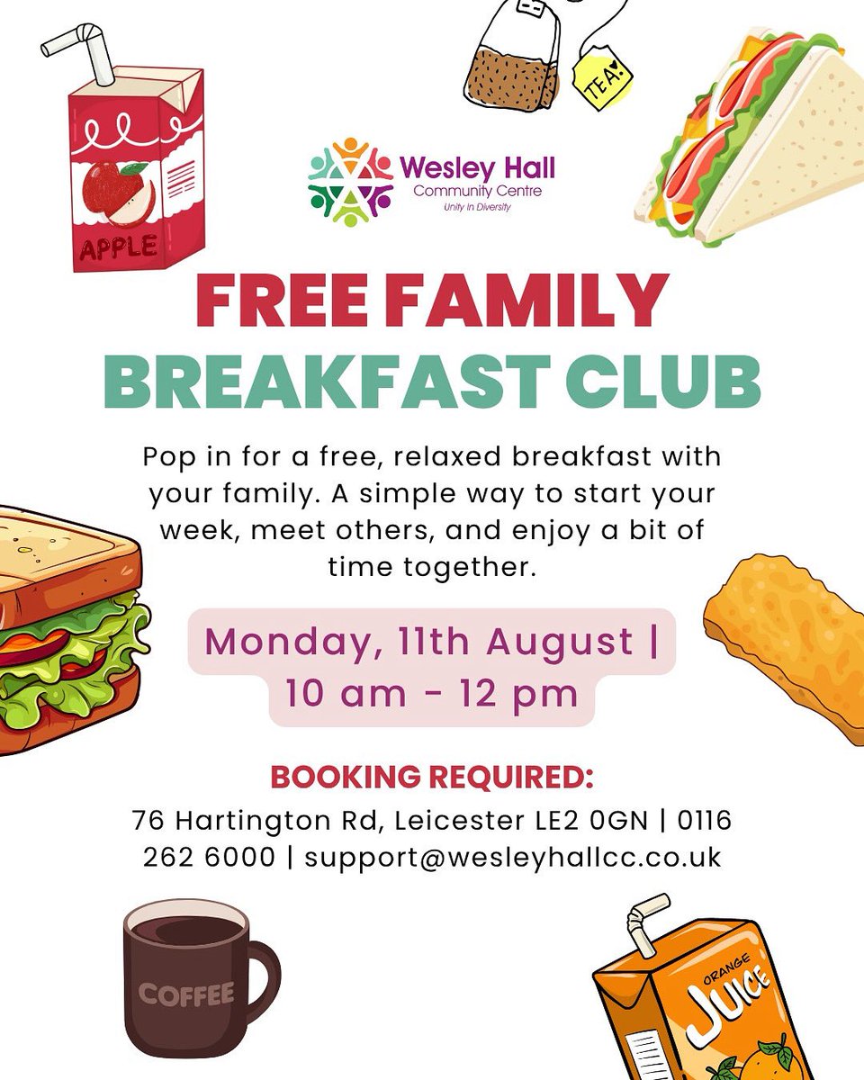 WesleyHall (@wesleyhallcc) on Twitter photo Family Breakfast Morning – Monday 11th August 🌞
🕙 10am – 12pm | 📍 Wesley Hall Community Centre
Join us for a warm, welcoming family breakfast and start your week with good food and good company. Booking required!
📞 For more info: 0116 262 6000
📧 support@wesleyhallcc.co.uk Family Breakfast Morning – Monday 11th August 🌞
🕙 10am – 12pm | 📍 Wesley Hall Community Centre
Join us for a warm, welcoming family breakfast and start your week with good food and good company. Booking required!
📞 For more info: 0116 262 6000
📧 support@wesleyhallcc.co.uk