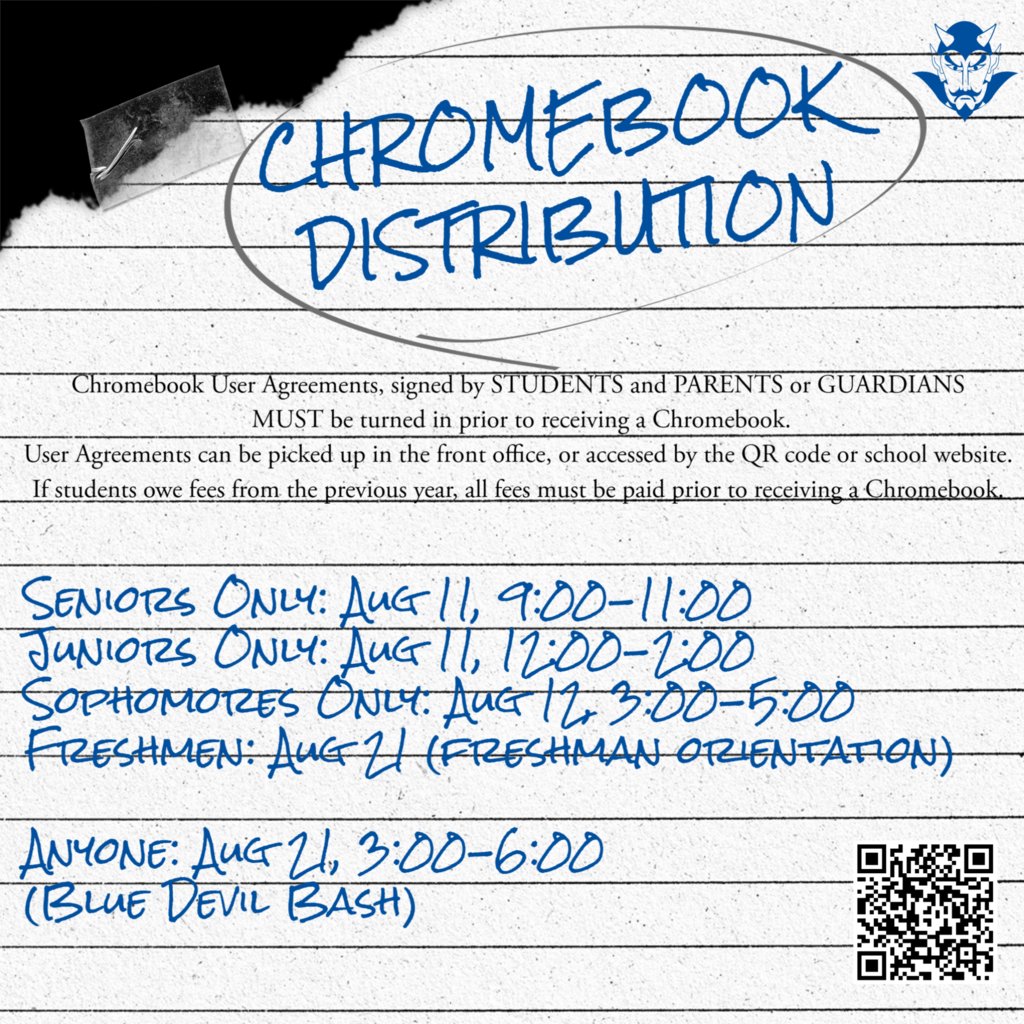 Students can begin picking up Chromebooks on Aug 11.  User Agreements must be signed  before students can pick up Chromebooks.  These can be accessed via the QR code, at bit.ly/TCSchromebook25 or in the front office.