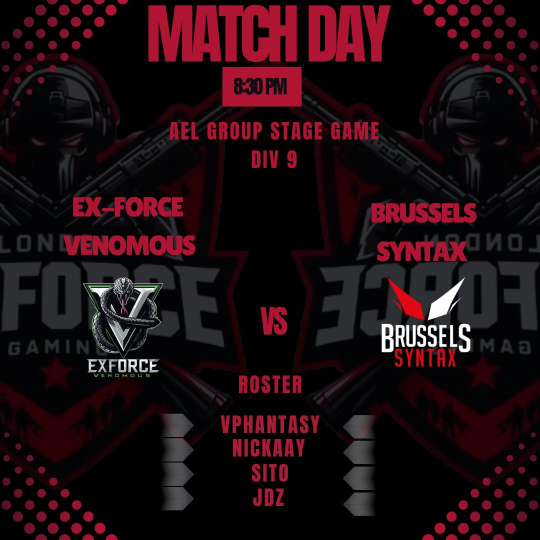 MATCH DAY!! 

📅  -TONIGHT! 
🕣 - 8:30pm 
Ex-Force Venomous 🆚 - Brussels Syntax 

<a href="/TeamSyntaxOffi/">TeamSyntax</a>
 👀

<a href="/AMeLeague/">AEL - Amateur Esports League</a>

🟢 - <a href="/v_phantasy/">Aaron Abel</a>
⚪️ - @jordayyyjohnson
🟢 - <a href="/Im_Nickaay/">Nic McCormack</a>  
⚪️ - SITO

🎙️- <a href="/GloriousTrickz/">Glorious Trickz</a>
 📺 - twitch.tv/glorioustrickz