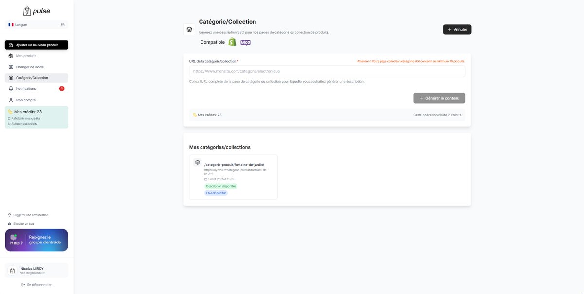 leroynicolasfr's tweet image. 🚨🚨 ANNONCE !!

Grande nouvelle, @pulse_pro_app passe à la version 1.5 !

Nous lançons une fonctionnalité ultra-puissante : la génération automatique de descriptions et FAQ pour vos pages de Collection et Catégories de produits.🔥🔥

Renseignez simplement l&apos;URL de votre page…