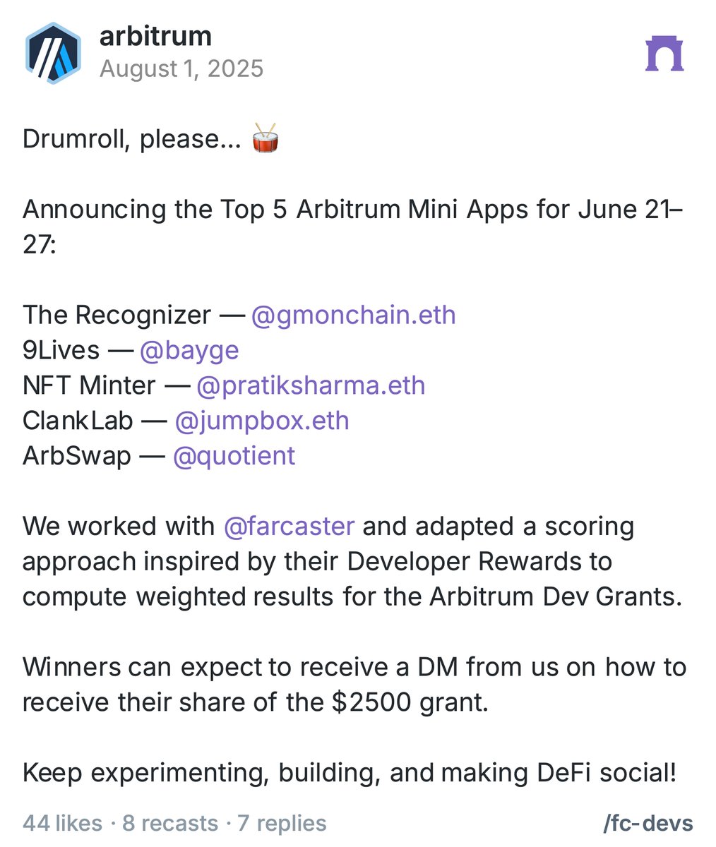 some thoughts on the first iteration of the <a href="/arbitrum/">Arbitrum</a> weekly dev rewards for mini app builders:

very excited to get this over the line with <a href="/ljxie/">Linda Xie</a> and the <a href="/farcaster_xyz/">Farcaster</a> team, I've been bothering them more than they probably deserve and can't be more appreciative of all their