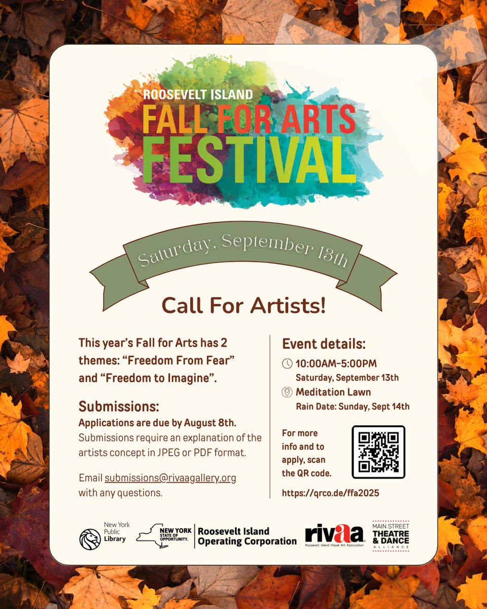Roosevelt Island Operating Corporation (@riocny) on Twitter photo RIOC & RIVAA are seeking artists to paint murals during the Fall for Arts Festival. The murals will be on a panel in landscape format that is 6 feet by 8 feet. The mural should depict one of two themes:
-Freedom of Fear
-Freedom to Imagine
Apply here: rioc.ny.gov/374/Fall-for-A… RIOC & RIVAA are seeking artists to paint murals during the Fall for Arts Festival. The murals will be on a panel in landscape format that is 6 feet by 8 feet. The mural should depict one of two themes:
-Freedom of Fear
-Freedom to Imagine
Apply here: rioc.ny.gov/374/Fall-for-A…