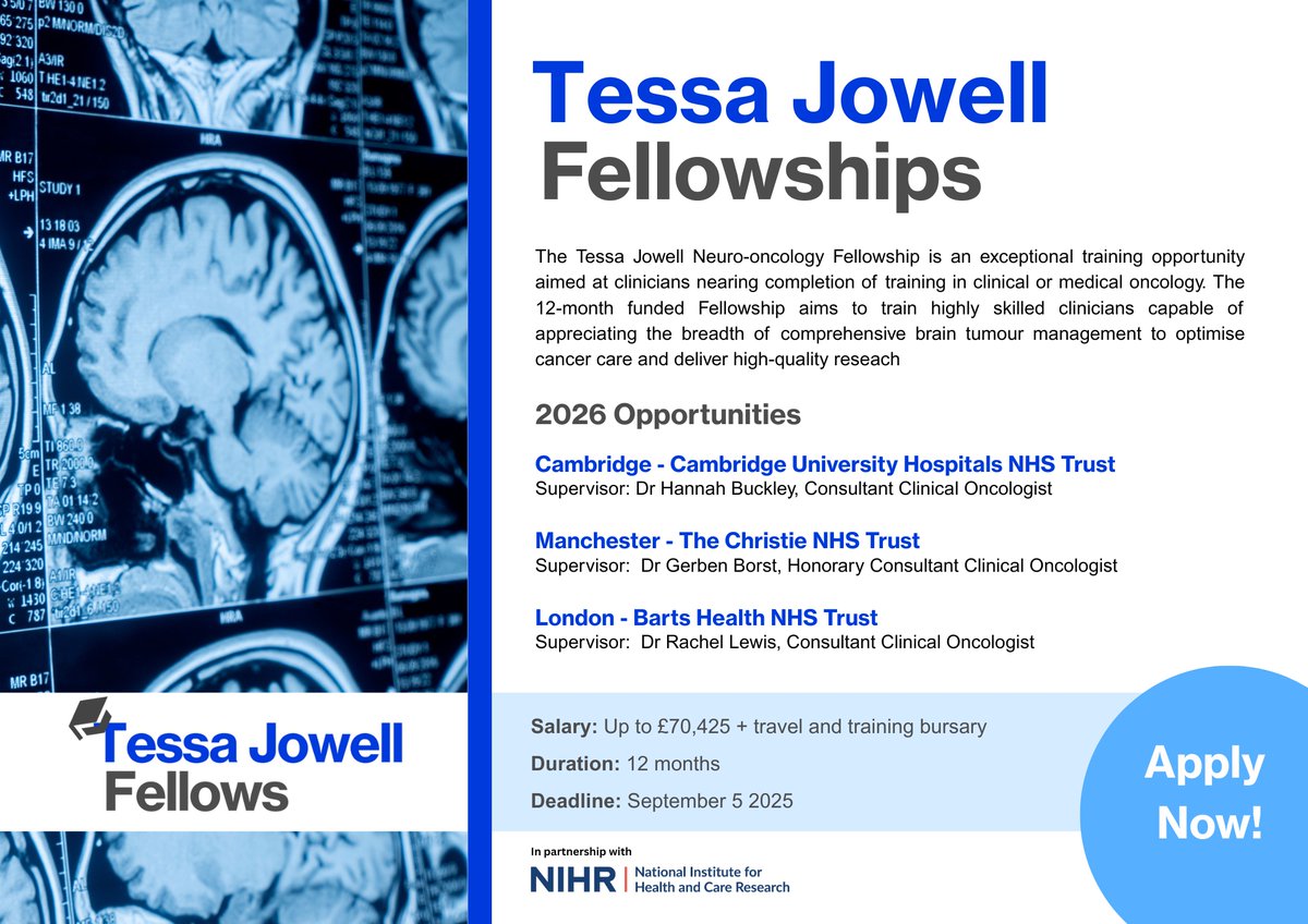🔬 Three new Tessa Jowell Neuro-Oncology Fellowships are opening at Barts, Manchester and Cambridge!

This is a unique opportunity for final-stage oncology trainees to specialise in neuro-oncology. 

📅 Fellowships start March 2026.
🔗 Apply now ➝tessajowellbraincancermission.org/strategic-prog…