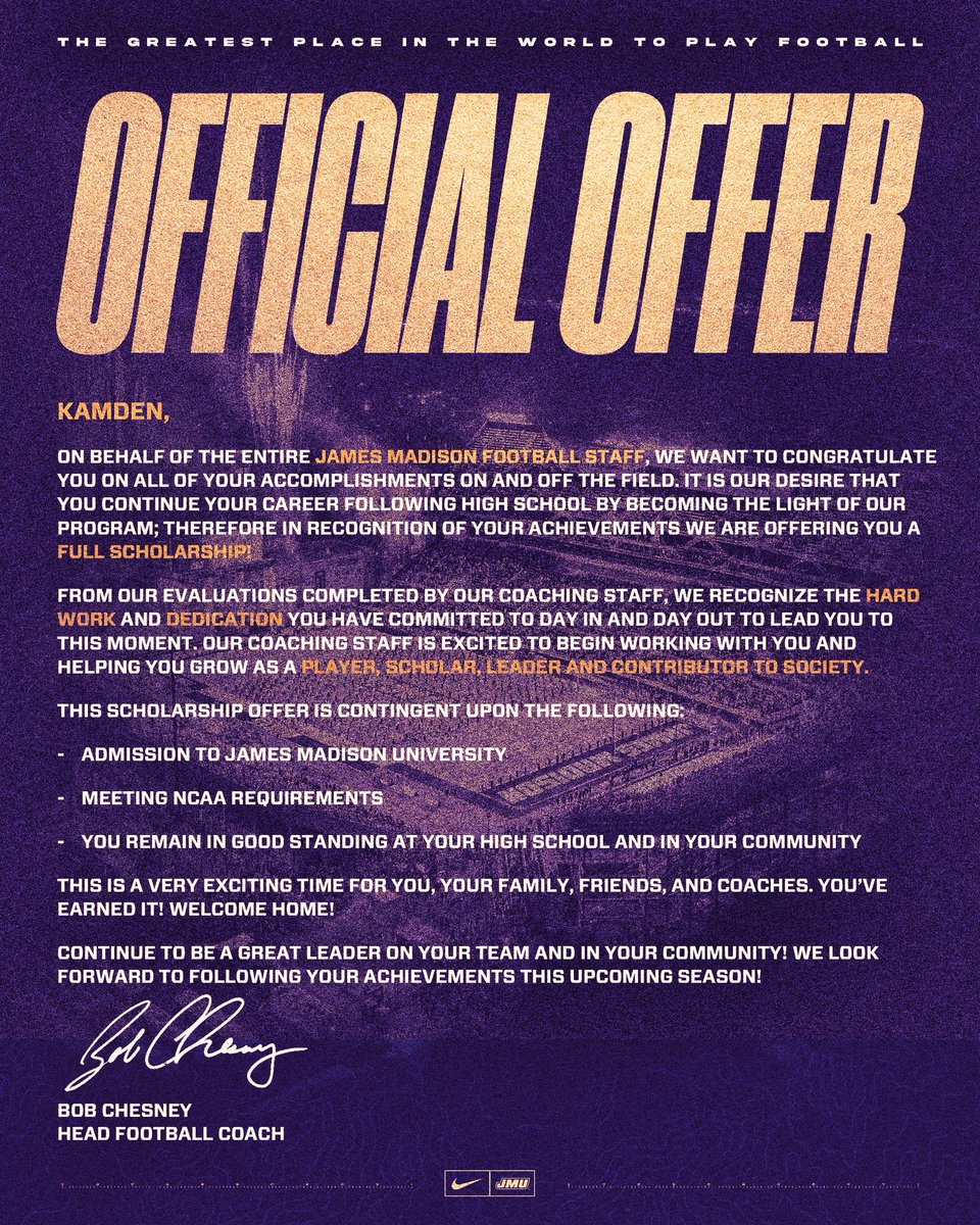KamdenJennings (@jenningskamden) on Twitter photo #AGTG Extremely blessed for the opportunity! #godukes💜💛
<a href="/CoachBobChesney/">Robert Chesney</a> <a href="/EddieWhitley37/">Eddie Whitley</a> <a href="/JMUBarstool/">Barstool Dukes</a> <a href="/DukesRecruits/">Dukes Recruits by JMUSN</a> <a href="/Coach_DiMike/">Anthony DiMichele</a> <a href="/Rivals/">Rivals</a> <a href="/On3sports/">On3</a> <a href="/DenmarkDanesFB/">Denmark Football</a> <a href="/JMUDukeClub/">JMU Duke Club</a> <a href="/247Hudson/">Hudson Standish</a> <a href="/247recruiting/">247Sports Recruiting</a> #AGTG Extremely blessed for the opportunity! #godukes💜💛
<a href="/CoachBobChesney/">Robert Chesney</a> <a href="/EddieWhitley37/">Eddie Whitley</a> <a href="/JMUBarstool/">Barstool Dukes</a> <a href="/DukesRecruits/">Dukes Recruits by JMUSN</a> <a href="/Coach_DiMike/">Anthony DiMichele</a> <a href="/Rivals/">Rivals</a> <a href="/On3sports/">On3</a> <a href="/DenmarkDanesFB/">Denmark Football</a> <a href="/JMUDukeClub/">JMU Duke Club</a> <a href="/247Hudson/">Hudson Standish</a> <a href="/247recruiting/">247Sports Recruiting</a>