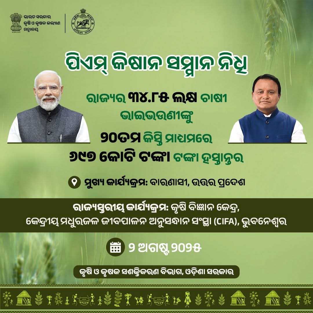 ଆସନ୍ତା କାଲି ଉତ୍ତର ପ୍ରଦେଶର ବାରଣାସୀ ଠାରେ ମାନ୍ୟବର ପ୍ରଧାନମନ୍ତ୍ରୀ ଶ୍ରୀ ନରେନ୍ଦ୍ର ମୋଦୀ ପିଏମ କିଷାନ ସମ୍ମାନ ନିଧିର ୨୦ତମ କିସ୍ତିରେ ୬୯୭ କୋଟି ଟଙ୍କା ରାଜ୍ୟର ୩୪.୮୫ ଲକ୍ଷ ଚାଷୀ ଭାଇଭଉଣୀମାନଙ୍କୁ ହସ୍ତାନ୍ତର କରିବେ । #CMO_Odisha 
#agriculture