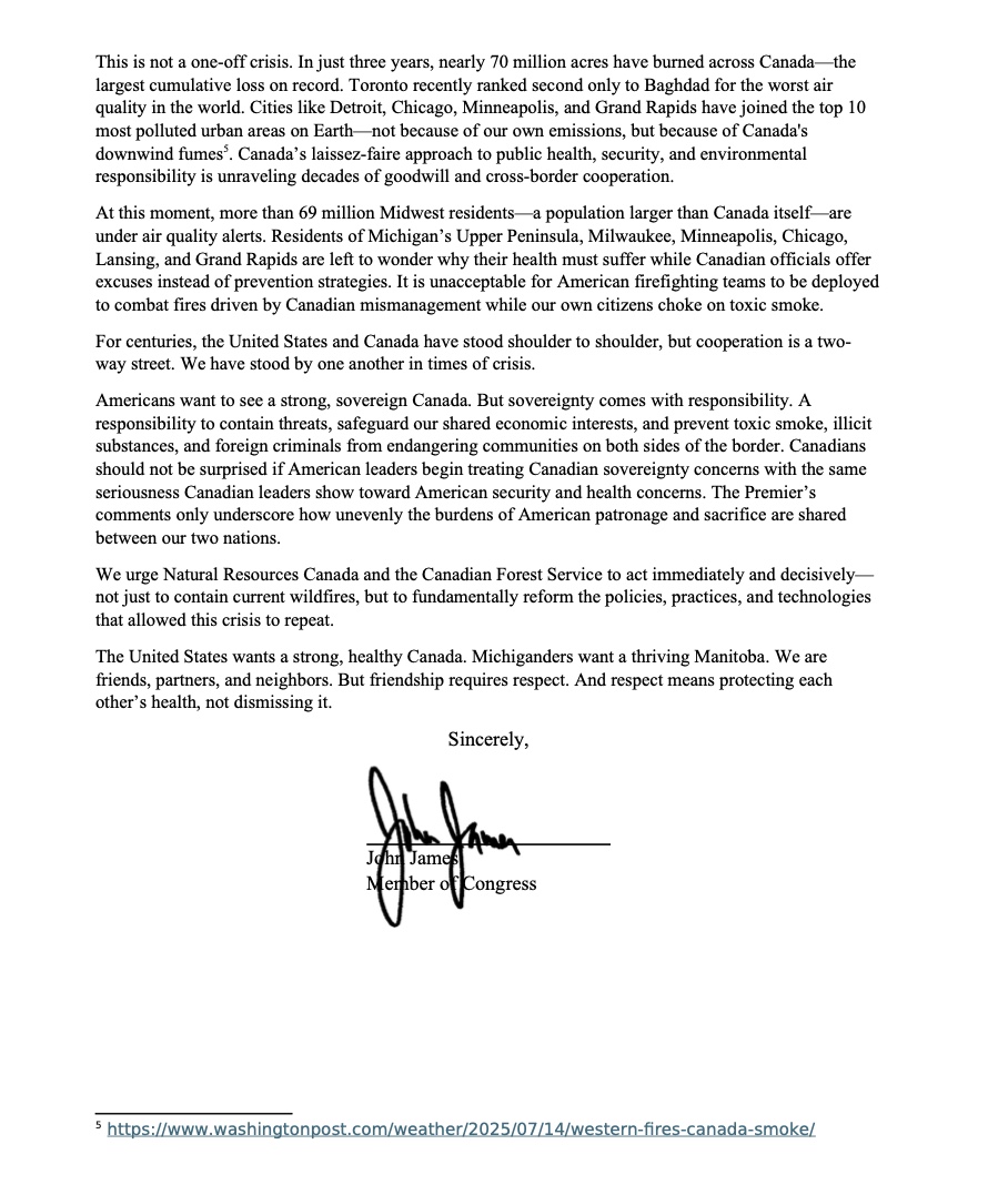 Michigan has had three straight summers of smoke and pollution from Canadian wildfires.

That’s not right.

I sent a letter to the Canadian Prime Minister urging action. It’s time to work together to protect our people, our shared border, and our air.👇🏾