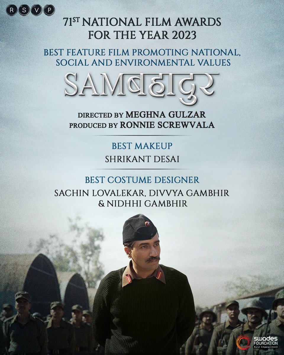 We are thrilled, honoured, and deeply grateful.

#Samबहादुर was a story we were privileged to bring to life, a salute to the courage, wit, and unmatched legacy of Field Marshal Sam Manekshaw.

Winning a National Film Award is an unforgettable moment for all of us. Heartfelt