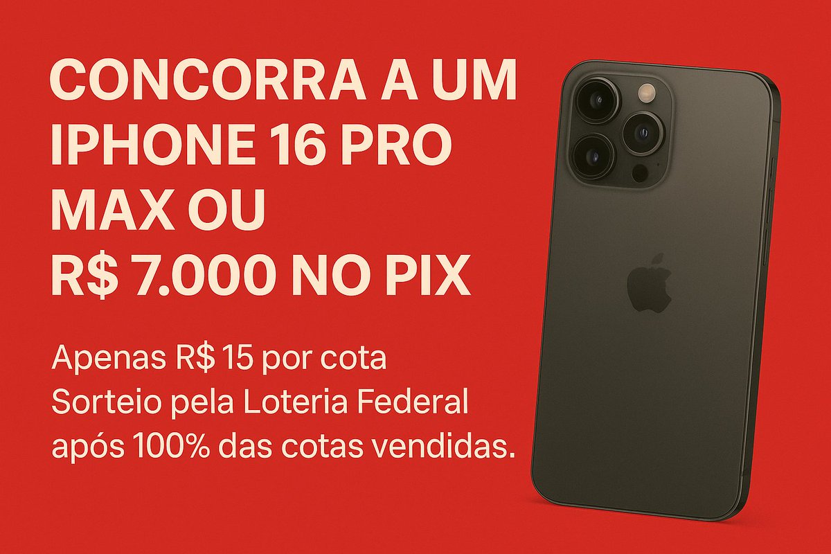 🚨 Faltam só 259 cotas para a rifa da minha esposa bater 100%!

📱 Prêmio: iPhone 16 Pro Max ou R$7.000 no Pix
💸 Cota: R$15
🎁 Queremos sortear sábado, véspera do Dia dos Pais! Imagine ganhar esse presentão?

Será que conseguimos um mutirão com cada um comprando 1 ou 2 cotas?
🔗