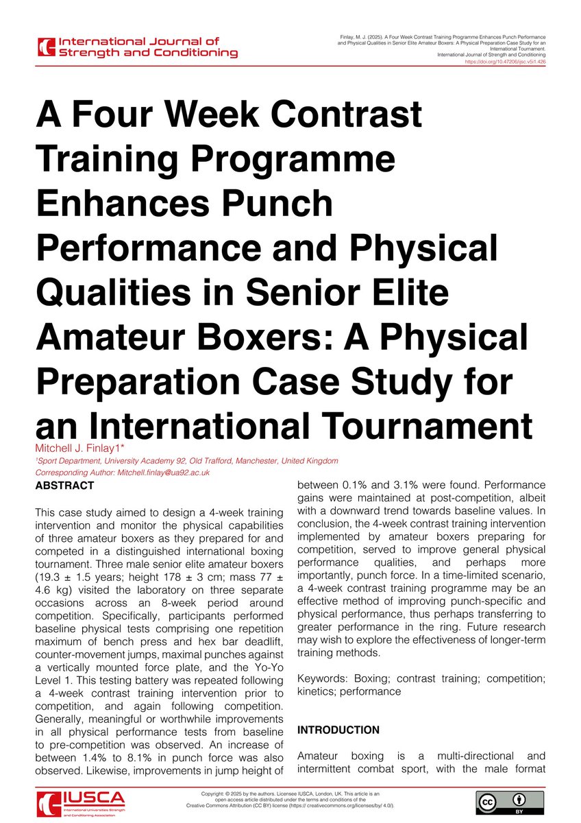 IUSCA (@iusca) on Twitter photo 🚨Published Today🚨
A Four Week Contrast Training Programme Enhances Punch Performance and Physical Qualities in Senior Elite Amateur Boxers: A Physical Preparation Case Study for an International Tournament
By <a href="/mfinlay_perform/">Dr Mitchell Finlay</a>
📲Hit the link below to read the full article 🚨Published Today🚨
A Four Week Contrast Training Programme Enhances Punch Performance and Physical Qualities in Senior Elite Amateur Boxers: A Physical Preparation Case Study for an International Tournament
By <a href="/mfinlay_perform/">Dr Mitchell Finlay</a>
📲Hit the link below to read the full article