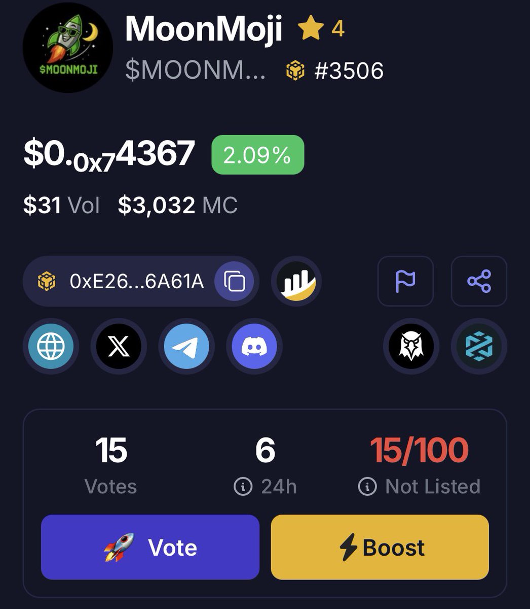 MoonMojiVibes's tweet photo. 🌕🚀 Help us get $MOONMOJI listed on CoinMun!
It takes 15 seconds to vote — no wallet connect needed.
Just click below and hit ✅
🗳️ https://t.co/nhFXz1C913
Let’s push Moji to the moon together.
#MOONMOJI #MoonMojiVibes #BNBChain #VoteToList https://t.co/xQcM7v43r7