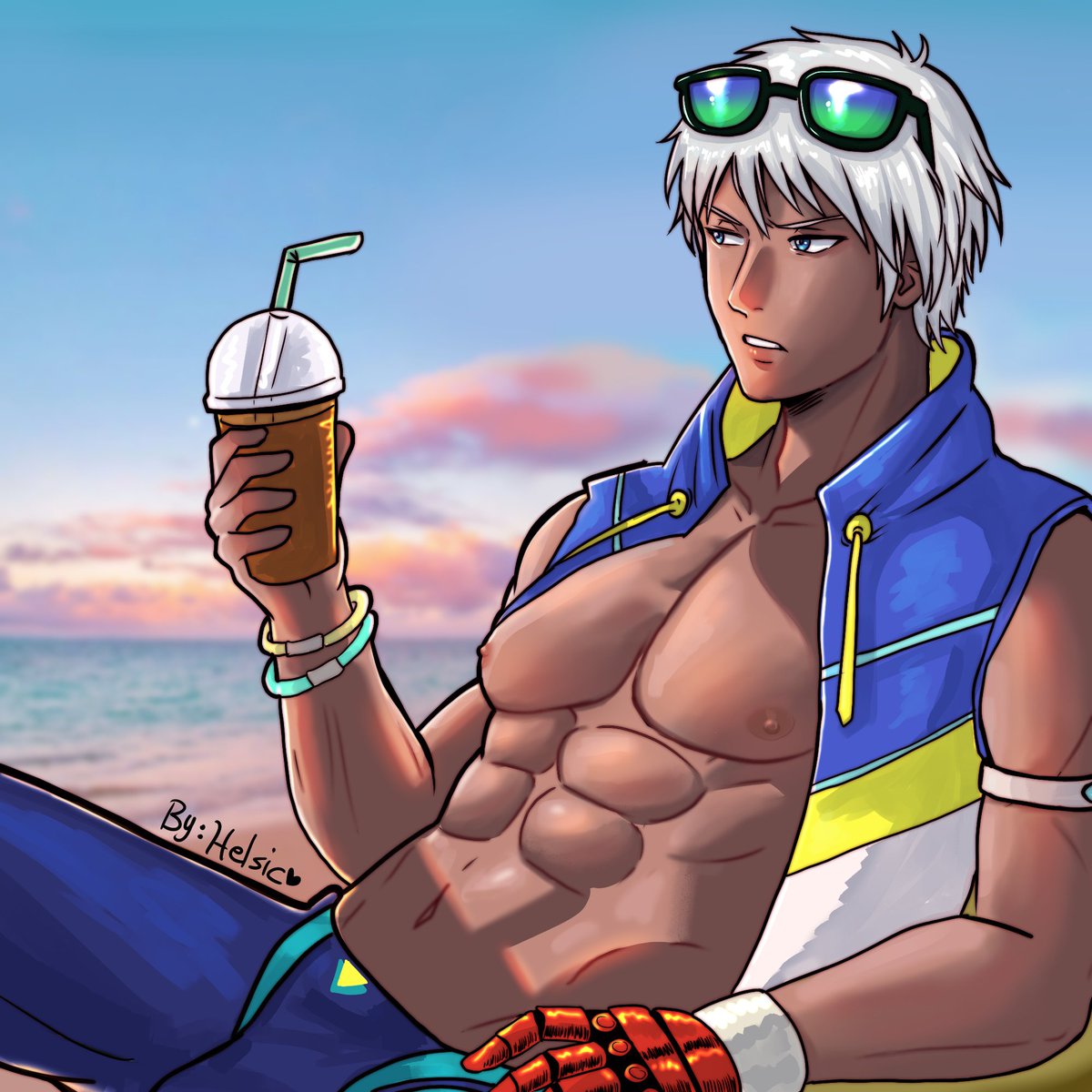 helsic's tweet image. Thank you @narukami73 for always supporting my art! This time it's K' trying to relax at the beach! 
Do you recognize the outfit? 

#kdash #commissionart