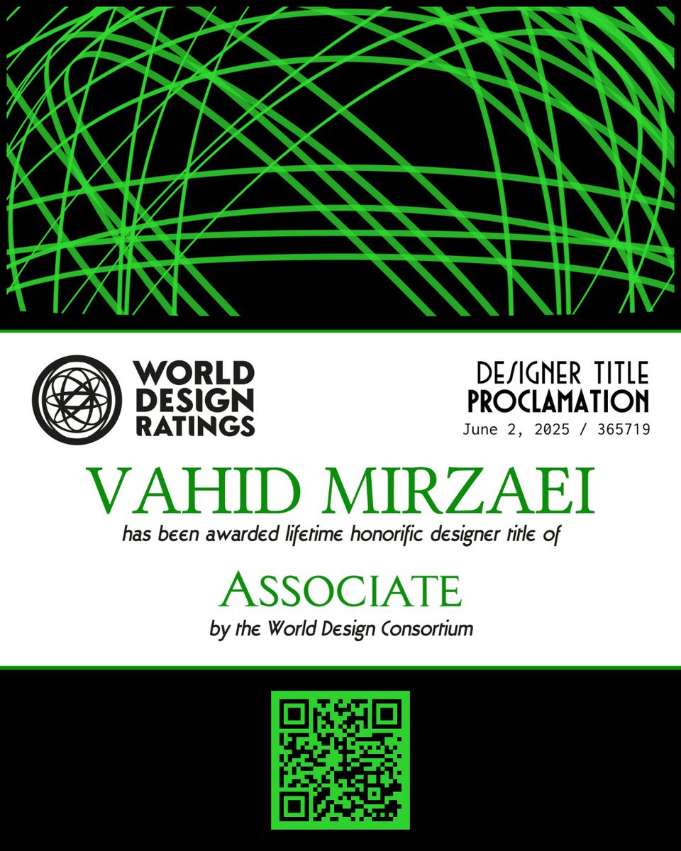 mirzaei93's tweet image. Honored to receive the lifetime honorary designer title of Associate from the World Design Consortium as part of the World Design Ratings.

Grateful for the continued recognition of my work and passion for impactful design.

#DesignRecognition #WorldDesignRatings #HonoraryTitle…