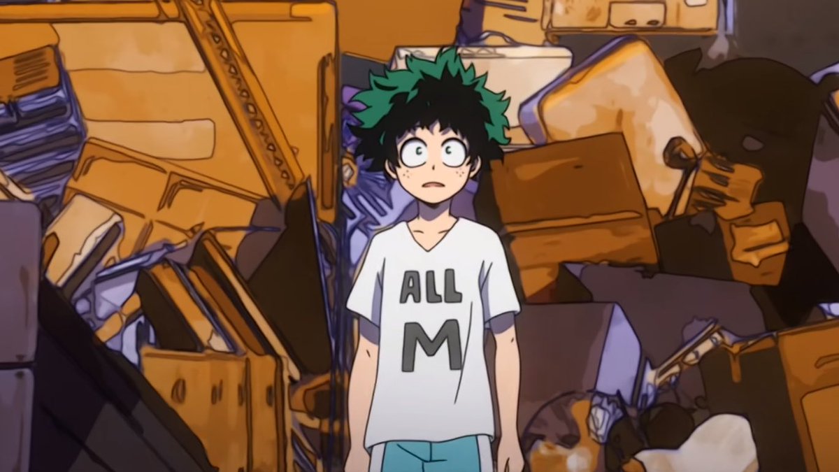 “ALL M” T-shirt &amp; blue track pants with white stripes

during the start of his 10-month continuous training aka the “American Dream Plan” with All Might