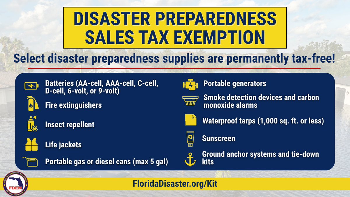 ‼️ Today starts a permanent sales tax exemption on select disaster preparedness supplies.

🛒 Residents can update their disaster supply kits with items like generators, pet supplies &amp; more, all tax free!  

For more information &amp; a full list of eligible items ➡️