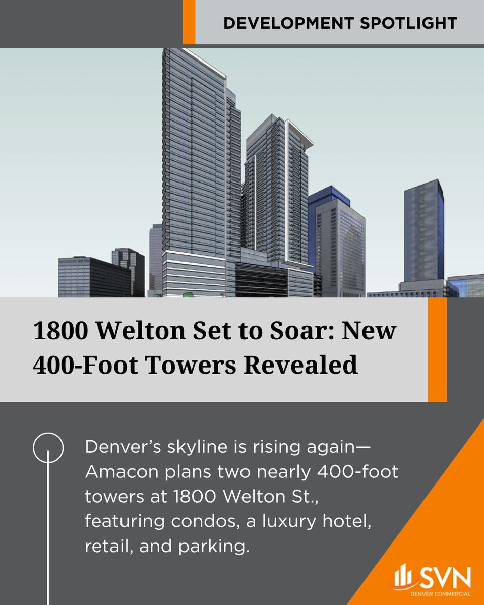 SVN_Denver's tweet image. A long-empty lot in downtown Denver is transforming fast—twin 39-story towers are rising at 1800 Welton, bringing condos, a boutique hotel, and a big boost to the city’s skyline.
#DevelopmentSpotlight #DenverDevelopment #1800Welton #cre #SVN #retwit