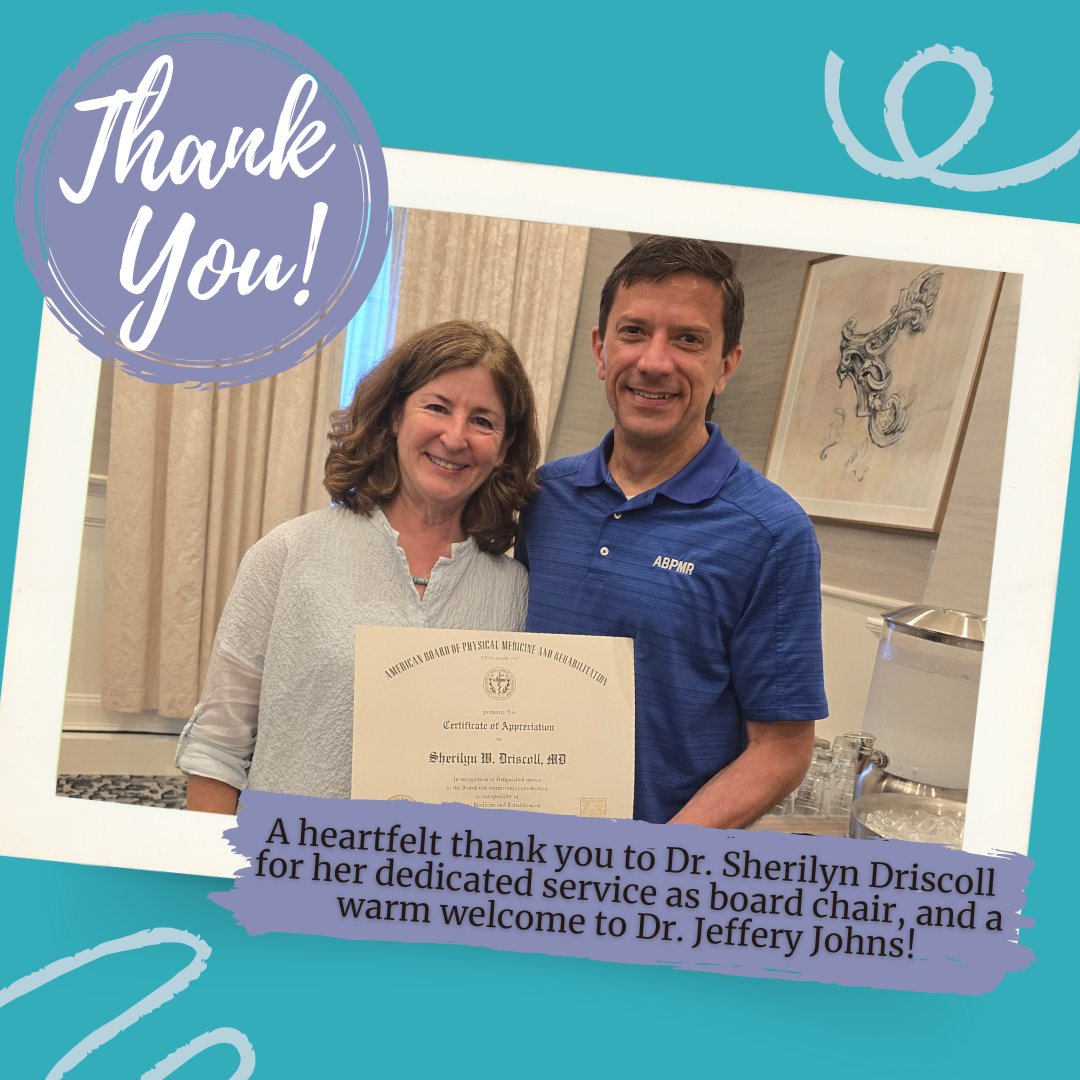 We extend our gratitude to Dr. Sherilyn Driscoll for her service as the ABPMR board chair over the past two years. Your commitment, dedication, and thoughtfulness have left a lasting impression. We are thrilled to welcome Dr. Jeffery Johns, as the new board chair.