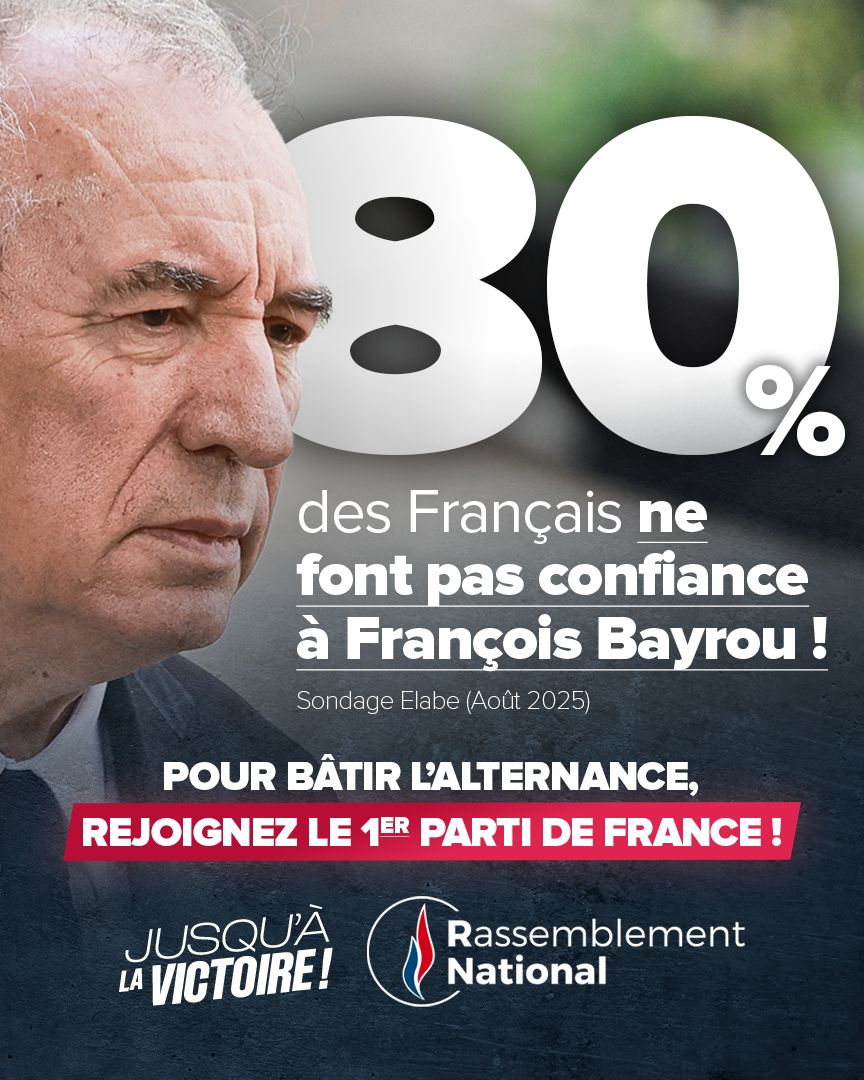 Rassemblement National (@rnational_off) on Twitter photo 🔴 Les Français rejettent les arbitrages injustes de François Bayrou et exigent une rupture claire avec les errements du macronisme.
Avec <a href="/MLP_officiel/">Marine Le Pen</a> et <a href="/J_Bardella/">Jordan Bardella</a>, nous rendrons au peuple le respect qu’il mérite, en engageant une politique de bon sens : nous mettrons fin aux 🔴 Les Français rejettent les arbitrages injustes de François Bayrou et exigent une rupture claire avec les errements du macronisme.
Avec <a href="/MLP_officiel/">Marine Le Pen</a> et <a href="/J_Bardella/">Jordan Bardella</a>, nous rendrons au peuple le respect qu’il mérite, en engageant une politique de bon sens : nous mettrons fin aux