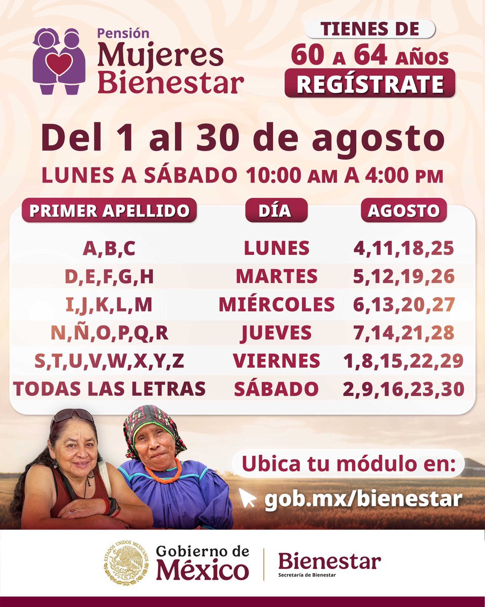 Marina del Pilar (@marinadelpilar) on Twitter photo MUJERES BAJACALIFORNIANAS!! Hoy inician los registros del programa Pensión Mujeres Bienestar de 60-64 años de nuestra Presidenta, Claudia Sheinbaum Pardo (<a href="/Claudiashein/">Claudia Sheinbaum Pardo</a>).
Este viernes comenzamos con quienes su primer apellido inicia con las letras S, T, U, V, W, X, Y o Z, en un MUJERES BAJACALIFORNIANAS!! Hoy inician los registros del programa Pensión Mujeres Bienestar de 60-64 años de nuestra Presidenta, Claudia Sheinbaum Pardo (<a href="/Claudiashein/">Claudia Sheinbaum Pardo</a>).
Este viernes comenzamos con quienes su primer apellido inicia con las letras S, T, U, V, W, X, Y o Z, en un