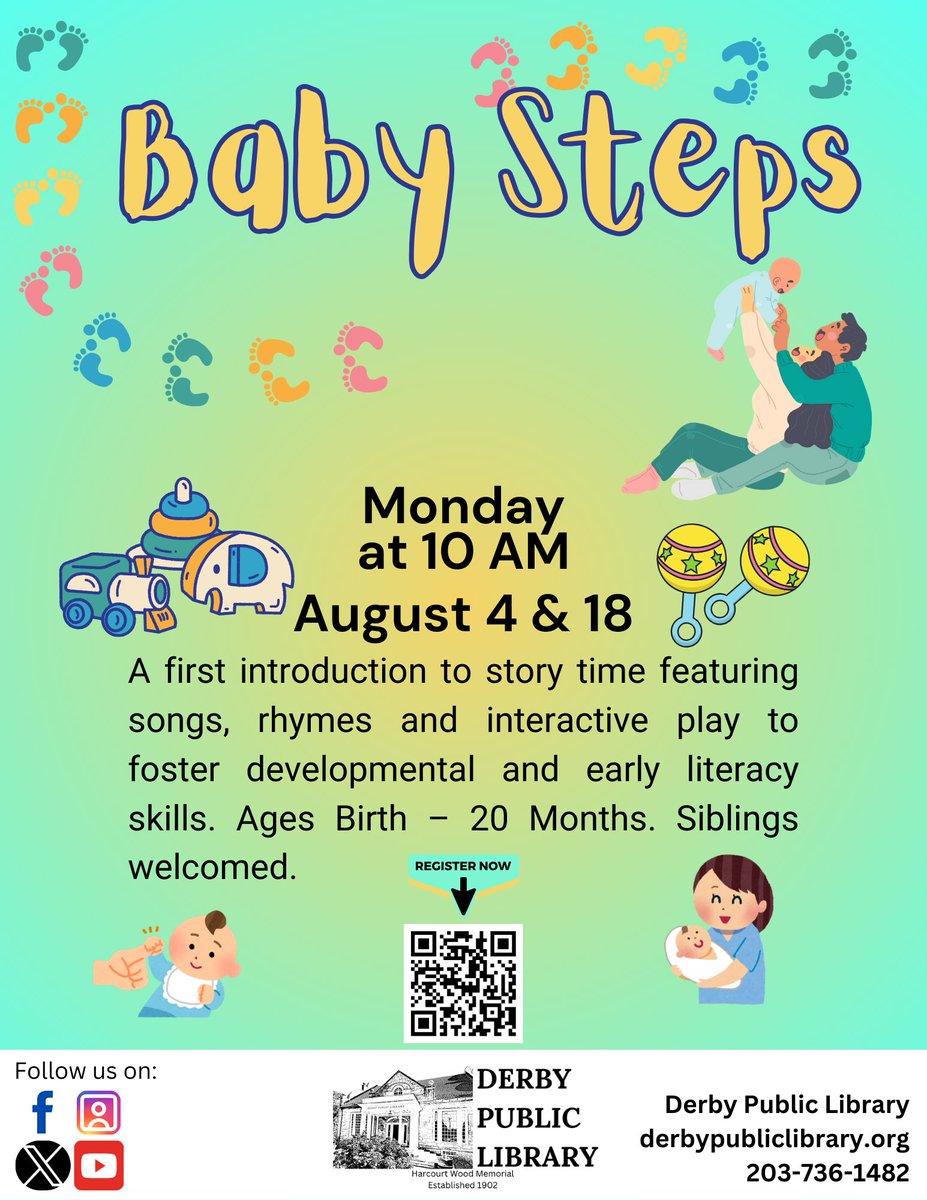 Baby Steps
Mondays at 10:00 AM
August 4th &amp; 18th
A first introduction to story time featuring songs, rhymes and interactive play to foster developmental and early literacy skills.
Ages Birth – 20 Months. Siblings welcomed.
TO REGISTER: bit.ly/3H1OkeN