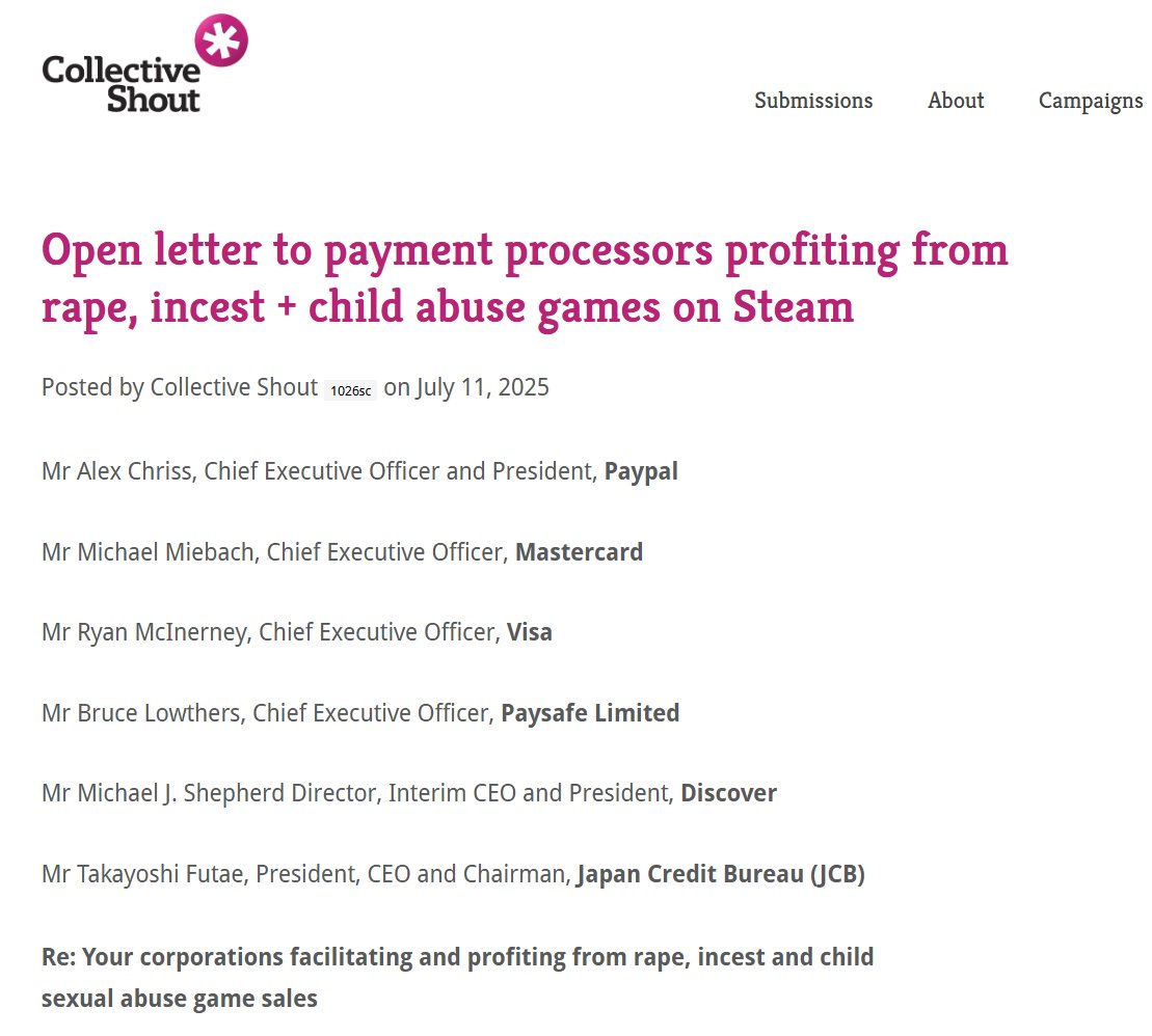 PAYMENT PROCESSORS ARE LYING!

Visa and Mastercard are pretending they don't make any judgment on legal purchases, but Collective Shout CLEARLY told us they successfully pressured payment processors.

WE EVEN KNOW THE NAMES OF EXECUTIVES AND DIRECTORS THEY CONTACTED!!!!!