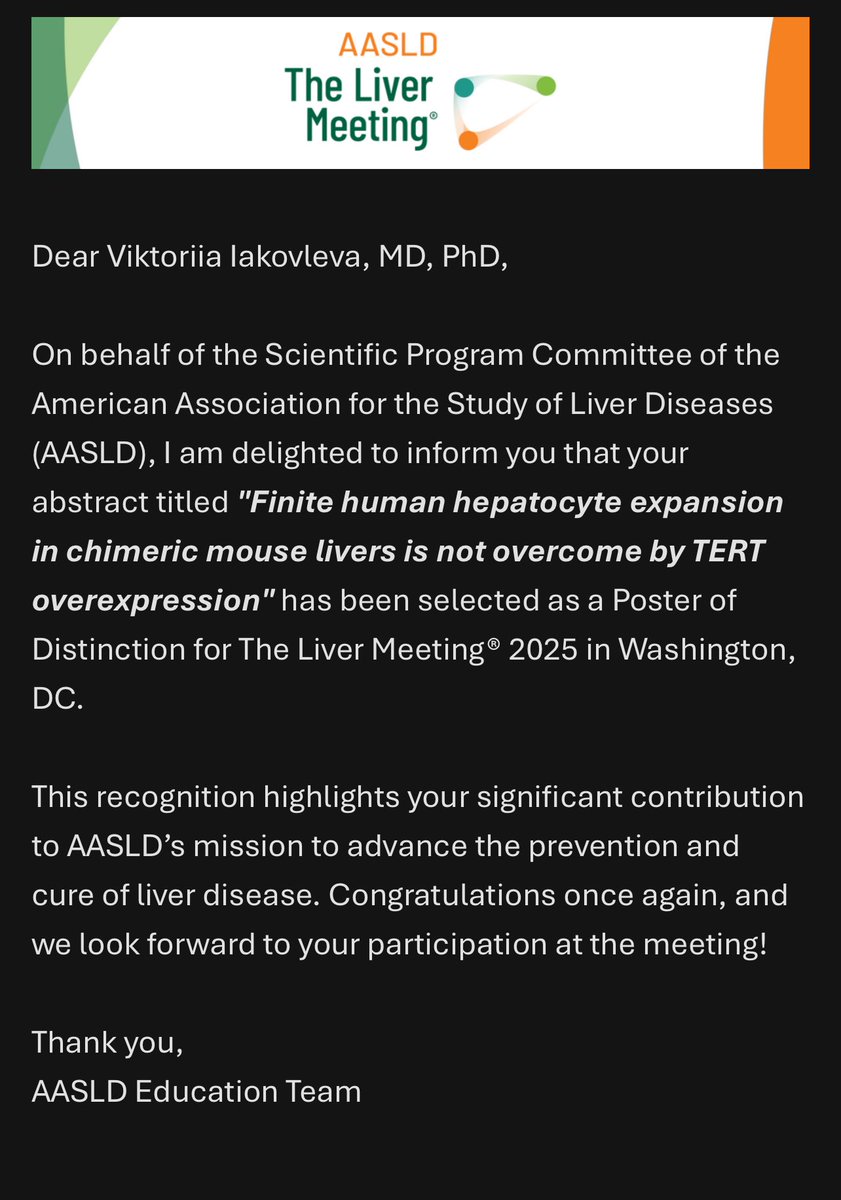 v_iakovleva's tweet photo. 🎉Excited to share that my abstract titled "Finite human hepatocyte expansion in chimeric mouse livers is not overcome by TERT overexpression" has been selected as a Poster of Distinction by @AASLDtweets 

See you in Washington D.C. in November #AASLD2025 https://t.co/3Ff8Zt853y