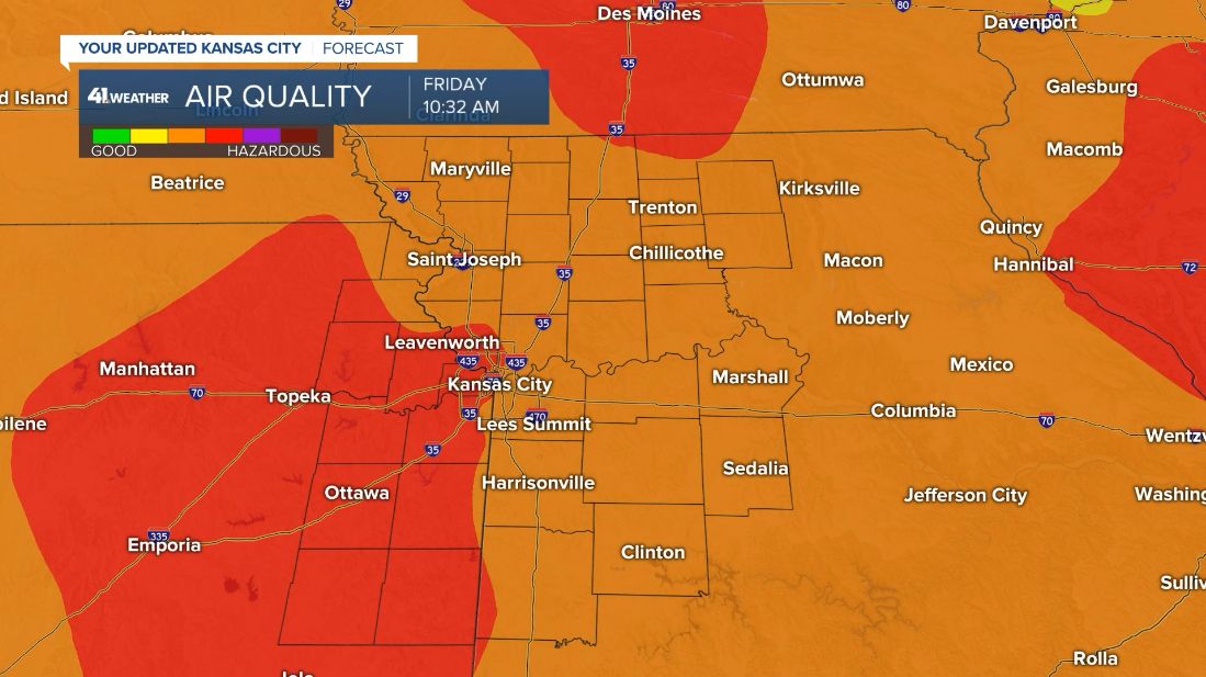 10:35am—Still seeing poor air quality, especially on the Kansas side. 

As we heat up, the AQI numbers are starting to level off and we should see some improvement into the afternoon.

However, the air quality may return back to unhealthy levels later tonight.