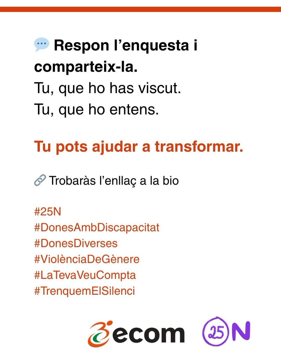 📣 Ets una dona amb discapacitat? La teva veu compta! 💜

A ECOM hem llançat una enquesta per visibilitzar les violències que vivim. Dona-hi resposta i ajuda'ns a recollir vivències per l'acte del 21N. 🙋‍♀️

📅 21N · 📍PIMEC BCN · ⏰ 9.45–14.40 h
🔗 acortar.link/GDFL4N