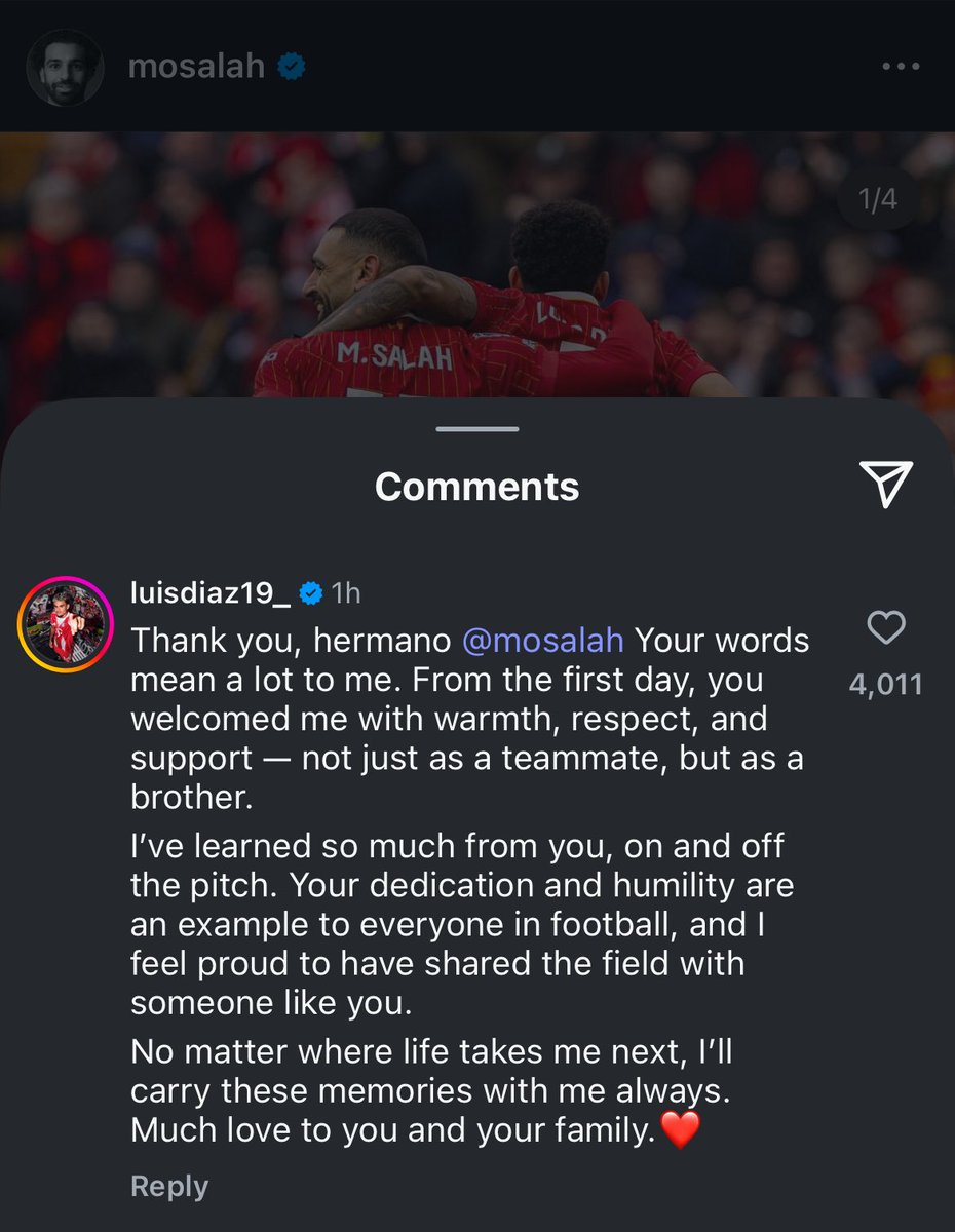 SamueILFC's tweet photo. Luis Diaz comment for Mo Salah. 🥹❤️ https://t.co/vcuF7NOixq