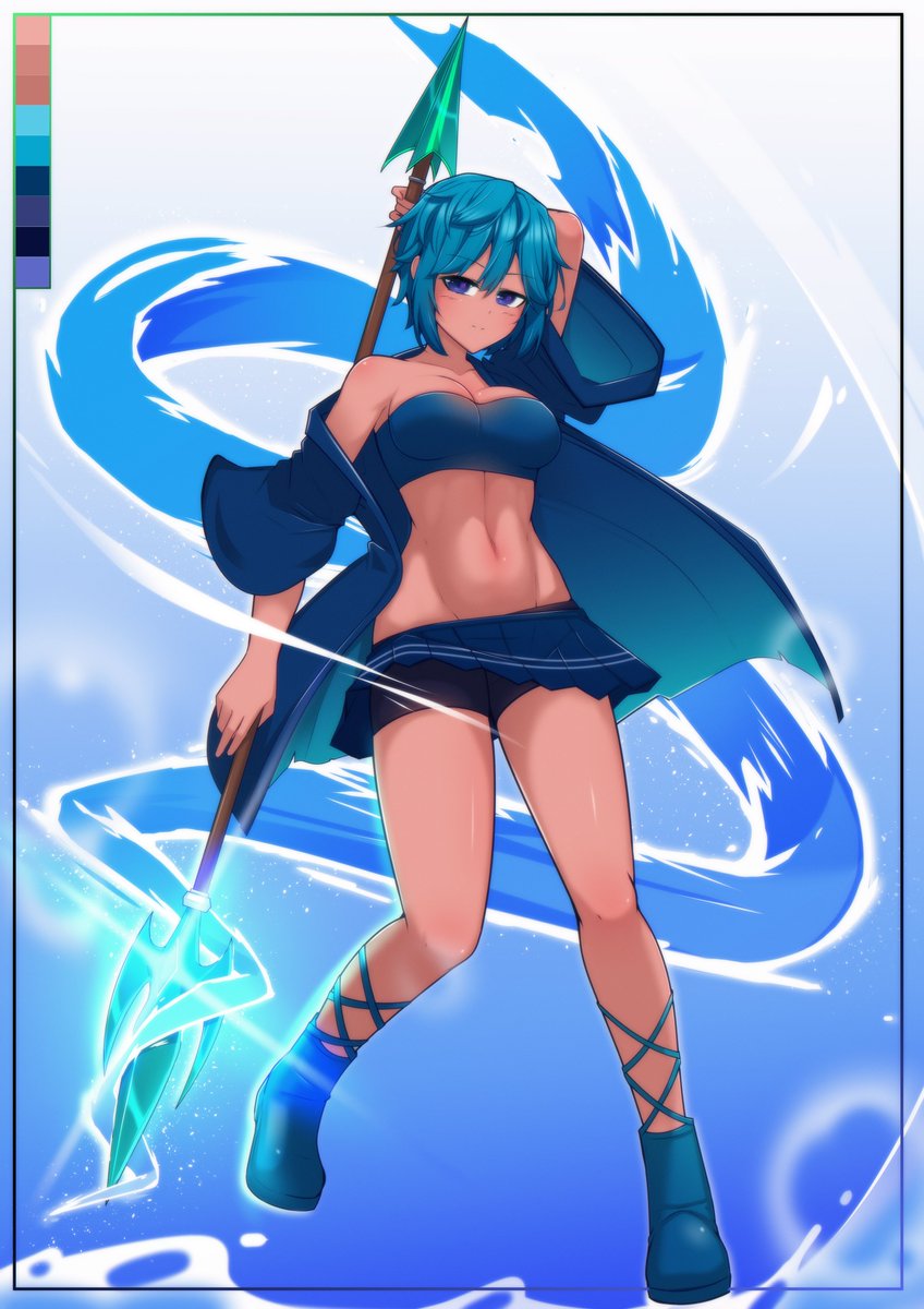 I present to y'all my new OC, Touka Iru! A lazy, but strong tomboy who wields a trident. She goes with the flow in battle.

Art by <a href="/KurocchiV/">KurocchiDelVanta</a>