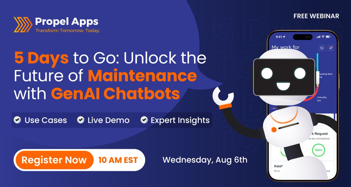 PropelApps's tweet image. Just 5 days to go!

Join our free webinar to see how GenAI Chatbots are transforming maintenance operations.

Aug 6 |  10 AM EST Use Cases | Live Demo | Expert Insights

Register: events.teams.microsoft.com/event/ed65c786…

#GenAI #Maintenance #SAPPM #Webinar #AIChatbots