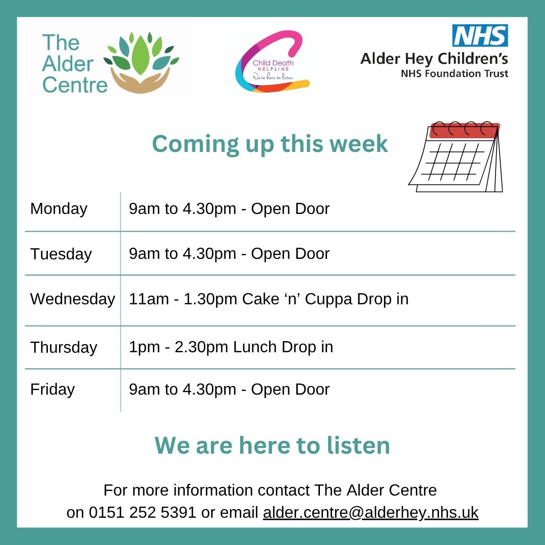 Coming up this week, Wednesday Cuppa 'n' Cake and Thursday lunch drop in. Both hosted by our bereaved parents volunteers.
#bereavementsupport #childloss #peersupport #supportgroup #volunteers