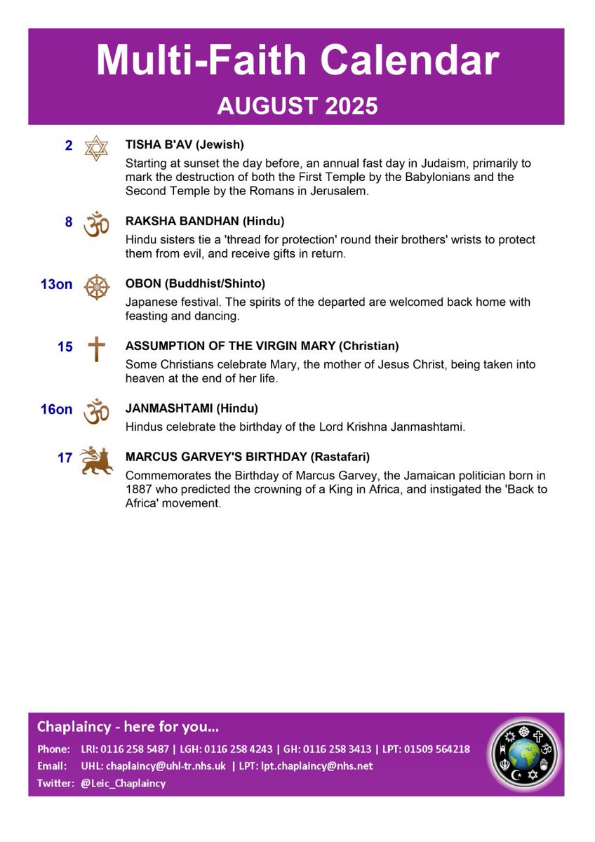 Leicester Chaplaincy (@leic_chaplaincy) on Twitter photo Here is the Multi-Faith Calendar for August. <a href="/Leic_hospital/">Leicester's Hospitals</a> <a href="/LPTnhs/">Leicestershire Partnership NHS Trust</a> Here is the Multi-Faith Calendar for August. <a href="/Leic_hospital/">Leicester's Hospitals</a> <a href="/LPTnhs/">Leicestershire Partnership NHS Trust</a>