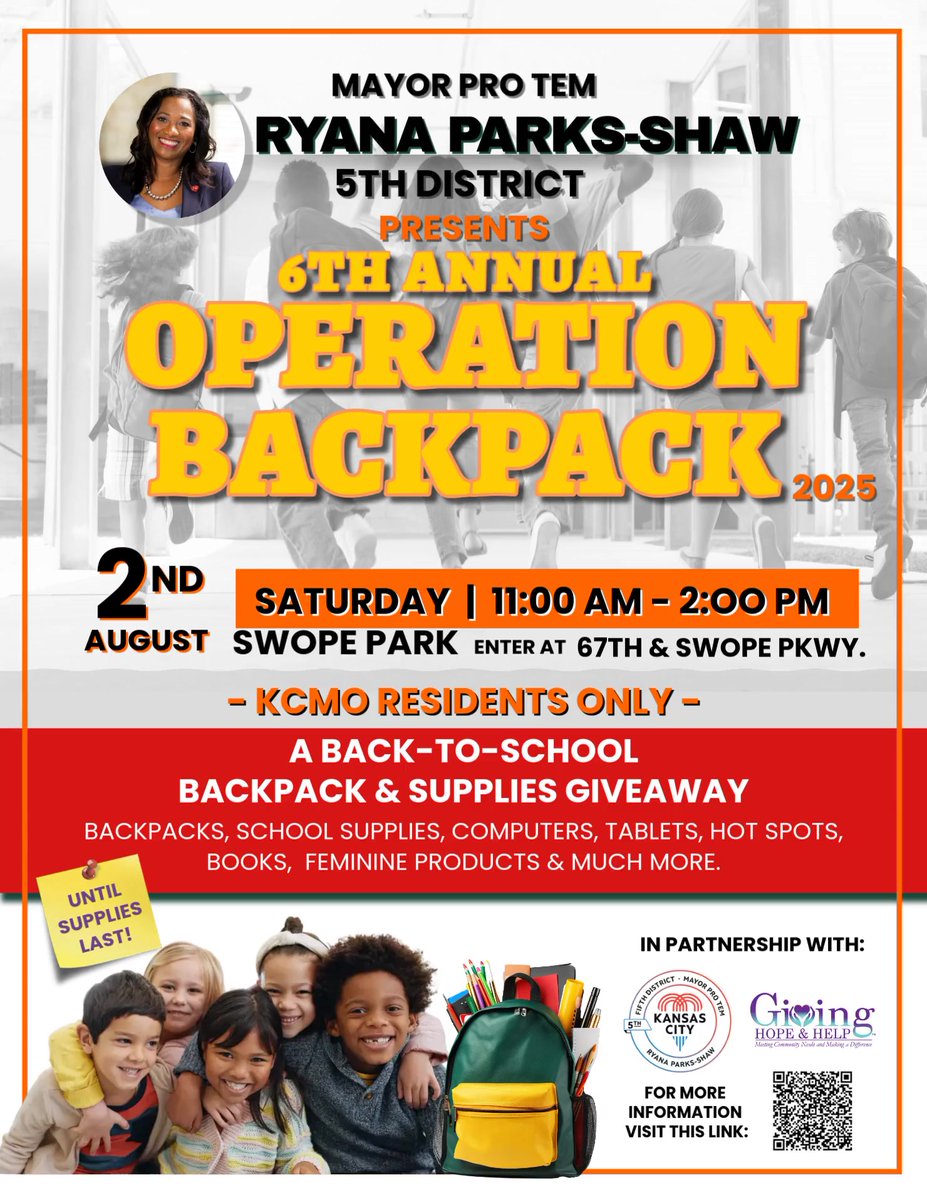 Ryana Parks-Shaw (@ryana4kc) on Twitter photo Tomorrow’s the day! 🎒
Join us for the 6th Annual Operation Backpack w/ <a href="/givehopehelp/">Giving Hope & Help</a> — a back-to-school giveaway for KCMO residents!
Backpacks, school supplies, tablets, books, and more — all while supplies last. Read the map attached for this year's layout. Tomorrow’s the day! 🎒
Join us for the 6th Annual Operation Backpack w/ <a href="/givehopehelp/">Giving Hope & Help</a> — a back-to-school giveaway for KCMO residents!
Backpacks, school supplies, tablets, books, and more — all while supplies last. Read the map attached for this year's layout.
