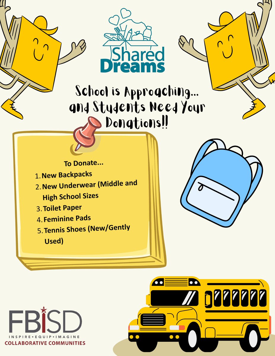FBISD Collaborative Communities (@fbisdcommunity) on Twitter photo August means Back-to-School! Help <a href="/FortBendISD/">Fort Bend ISD</a> students start strong by donating essential supplies & clothing through Shared Dreams.
Your support empowers students to reach their academic goals 📚
Learn more: fortbendisd.com/shareddreams August means Back-to-School! Help <a href="/FortBendISD/">Fort Bend ISD</a> students start strong by donating essential supplies & clothing through Shared Dreams.
Your support empowers students to reach their academic goals 📚
Learn more: fortbendisd.com/shareddreams