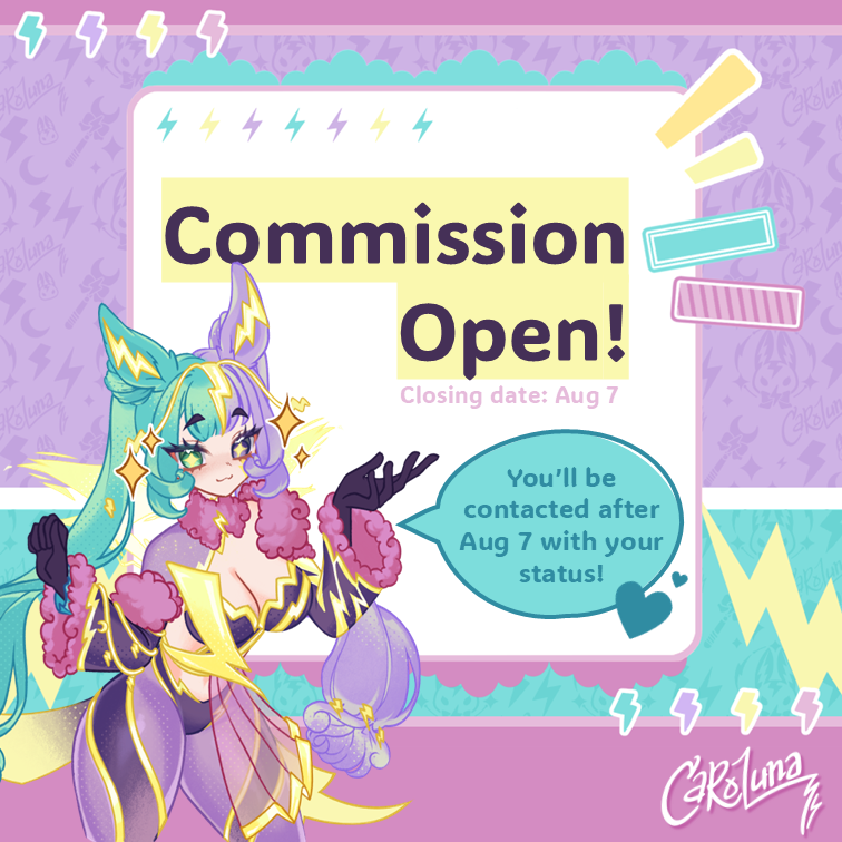 🌩️ #VROID 𝗖𝗢𝗠𝗠𝗜𝗦𝗦𝗜𝗢𝗡𝗦 𝗢𝗣𝗘𝗡! 🌩️

All requests via Vgen! Please read all info before submitting ♡  vgen.co/CarolunaVt 
🗲•Closing date: Aug 7 

⚡• Scheduling: September to December 2025 
⚡• Not first come, first serve — take your time
⚡• Reference Sheet