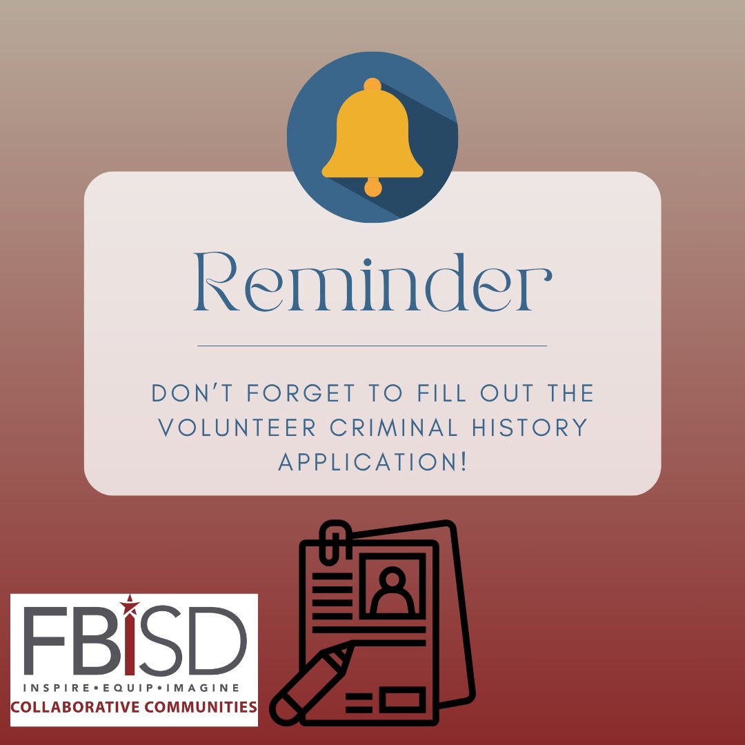 FBISD Collaborative Communities (@fbisdcommunity) on Twitter photo Are you looking to volunteer on our campuses?
Complete your Volunteer Background Check to get started! All volunteers must complete one each year.
✅ Apply or renew your volunteer application here: fortbendisd.com/howtovolunteer
Thank you for supporting <a href="/FortBendISD/">Fort Bend ISD</a> ! Are you looking to volunteer on our campuses?
Complete your Volunteer Background Check to get started! All volunteers must complete one each year.
✅ Apply or renew your volunteer application here: fortbendisd.com/howtovolunteer
Thank you for supporting <a href="/FortBendISD/">Fort Bend ISD</a> !