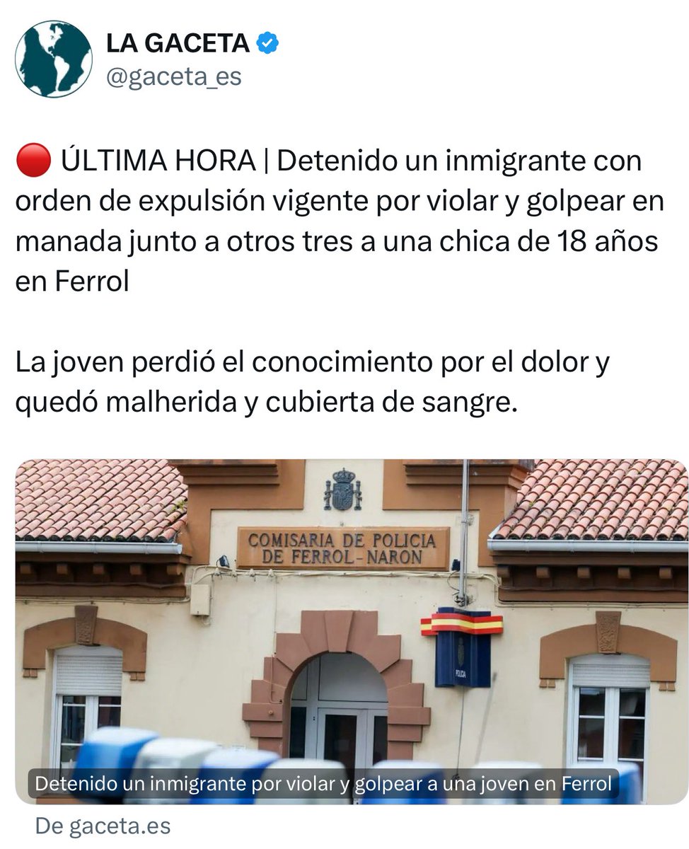 Deberían de sufrir , aunque sean solo unas horas , todos los que están dejando entrar estos MAL NACIDOS en nuestra patria, lo que está sufriendo esta chica y su familia, a ver si son conscientes de sus consecuencias.

Culpable el agresor, responsables #PP y #Psoe