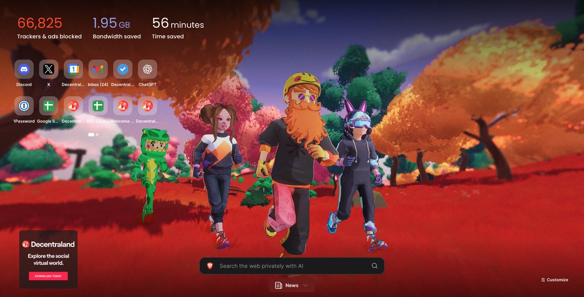 Decentraland (@decentraland) on Twitter photo Ohhh good morning <a href="/brave/">Brave</a> and <a href="/BAT_Community/">BAT Community</a>
With today's homepage takeover, millions of Brave users across the globe are learning about Decentraland. Ohhh good morning <a href="/brave/">Brave</a> and <a href="/BAT_Community/">BAT Community</a>
With today's homepage takeover, millions of Brave users across the globe are learning about Decentraland.