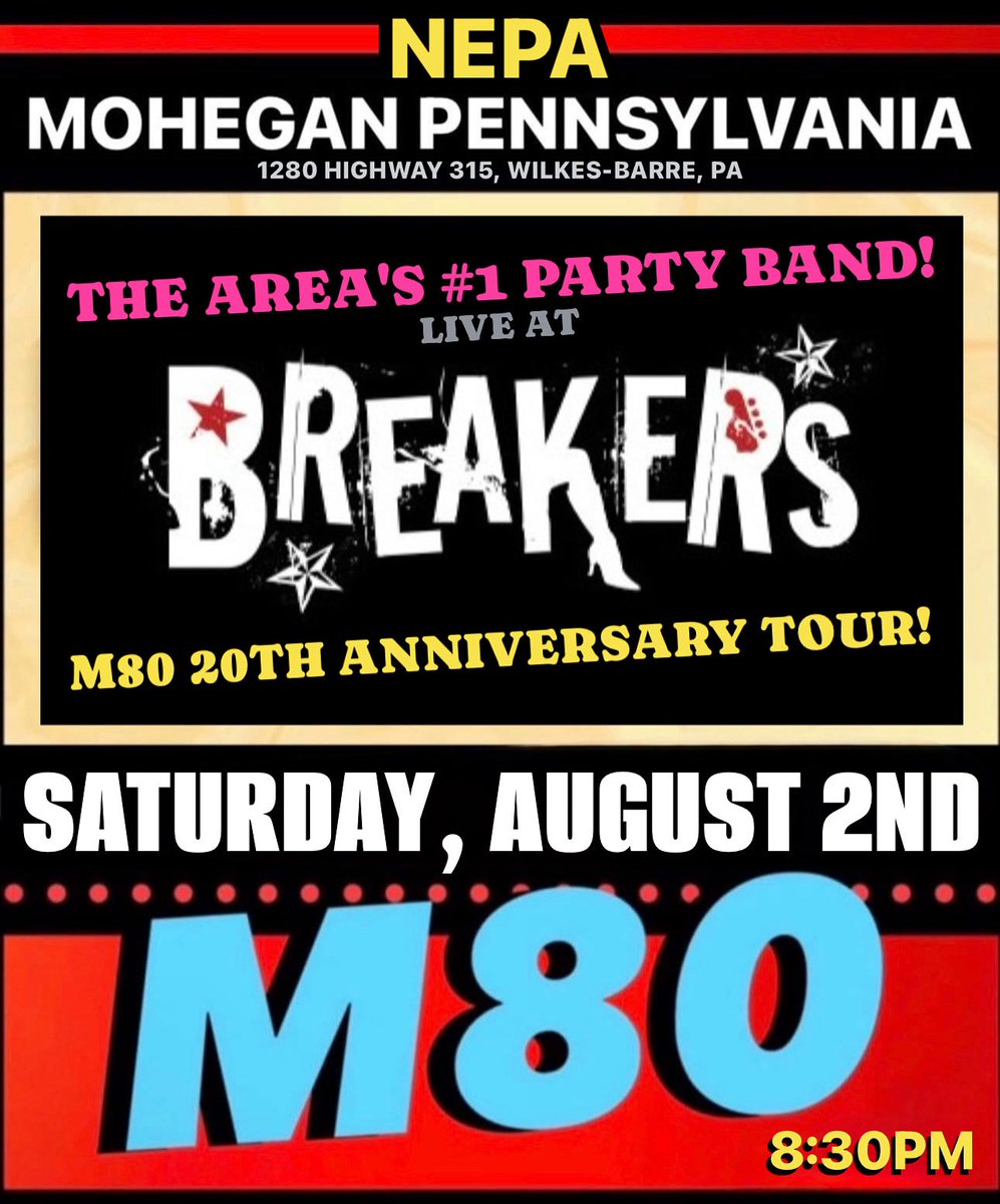 M80PartyBand's tweet photo. THIS SATURDAY @ MOHEGAN PA CASINO
1280 Highway 315, Wilkes-Barre, PA
BREAKERS, 8:30-12:30am. FREE!
#IWANTMYM80 https://t.co/55qXzpw88e