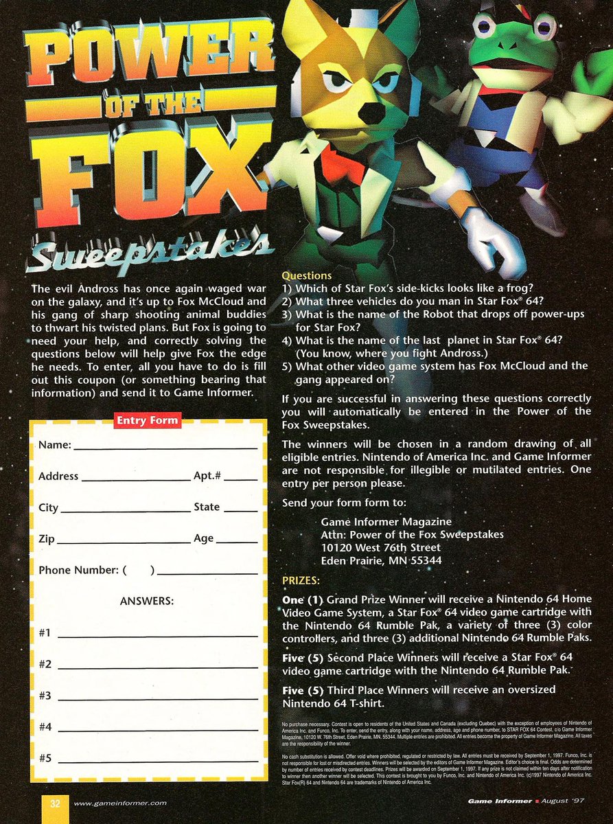 Star Fox 64 sweepstakes and game tips in Game Informer 52