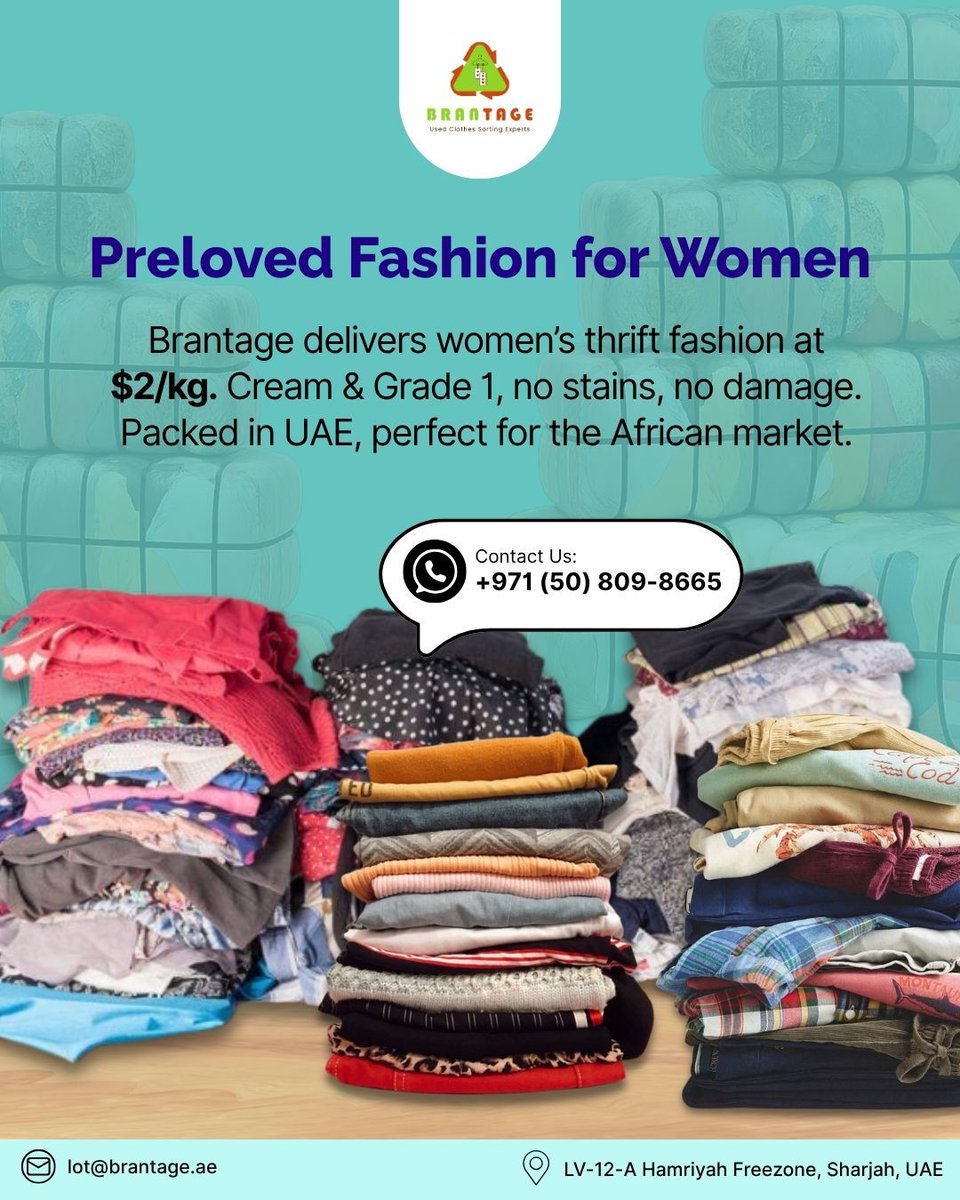 brantage97862's tweet image. 👗 𝗪𝗼𝗺𝗲𝗻’𝘀 𝗣𝗿𝗲𝗺𝗶𝘂𝗺 𝗧𝗵𝗿𝗶𝗳𝘁𝘄𝗲𝗮𝗿 for $𝟮/𝗸𝗴!
📦 𝗖𝗿𝗲𝗮𝗺 &amp;amp; 𝗚𝗿𝗮𝗱𝗲 𝟭 stock: blouses, dresses, jackets &amp;amp; more.
🌍 Perfect for 𝗔𝗳𝗿𝗶𝗰𝗮𝗻 𝗺𝗮𝗿𝗸𝗲𝘁𝘀.

📲 +971 50 809 8665 | 🔗 brantage.ae

#Brantage #ThriftForAfrica #UsedClothes
