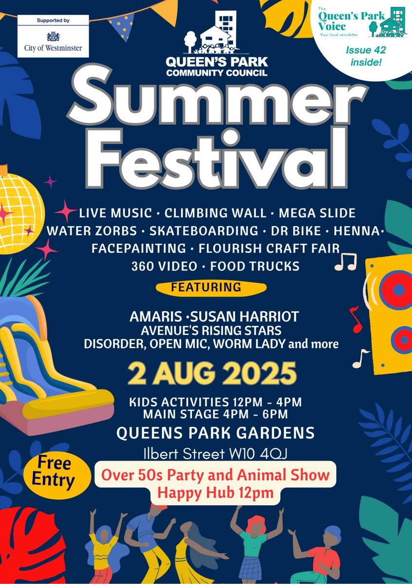 Reminder: Queen’s Park Summer Festival is Tomorrow! 

 Saturday 2nd August
12PM – 6PM
Queen’s Park Gardens

Don’t miss this free, family-friendly day!

Celebrate the spirit of Queen’s Park with neighbours and friends!

queensparkcommunitycouncil.gov.uk/events/