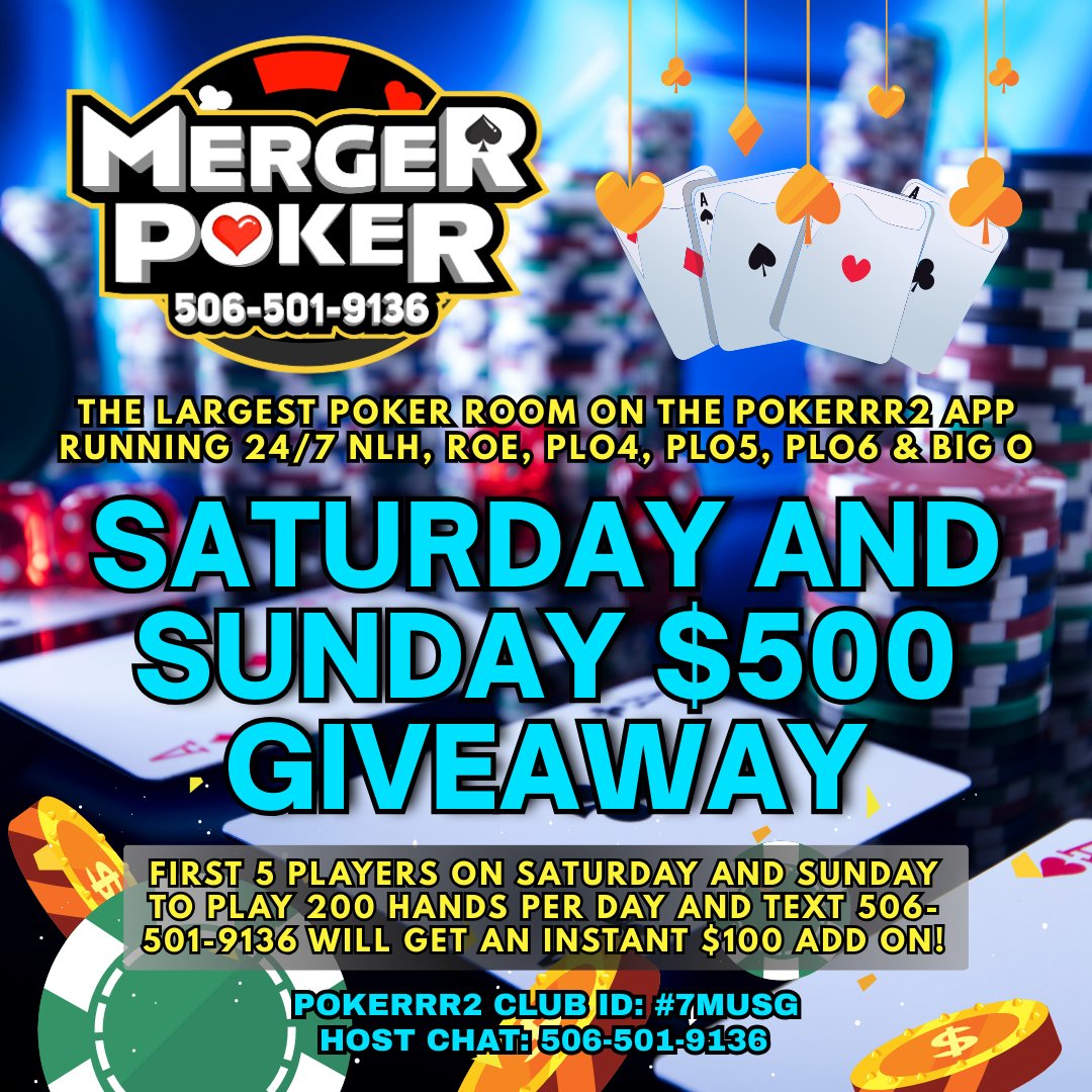 MergerRoom's tweet image. ‼️SATURDAY &amp;amp; SUNDAY $500 GIVEAWAY AND INSTANT $100 ADD ON‼️

🔥Pokerrr2 Club Id: 7MUSG🔥📞Text: 506-501-9136 📞
💰Daily $.50/1, $1/3, $2/4 $2/5/10 Cash Games💰🔥Proven &amp;amp; Trusted Since 2021🔥 ⏰Operating Nonstop, 24/7⏰