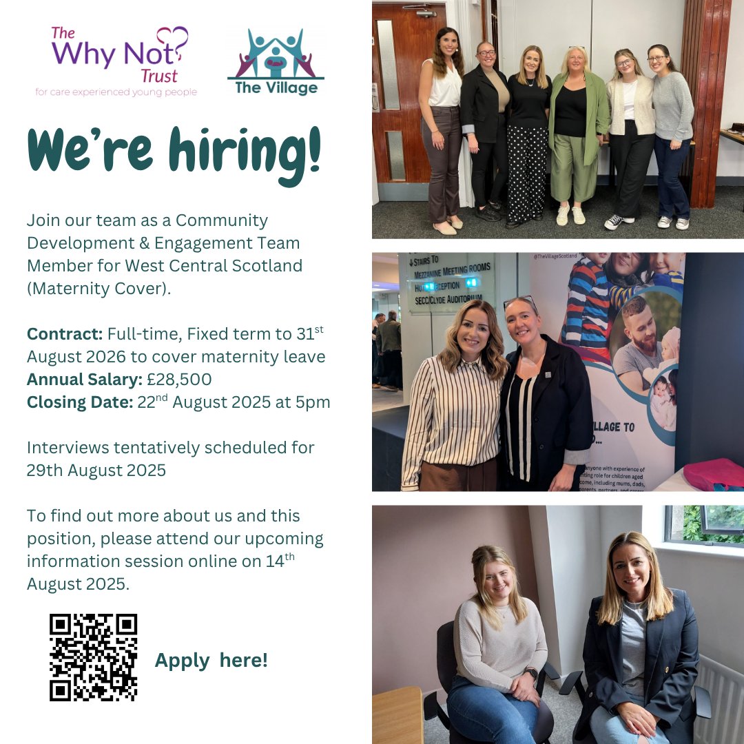We're hiring! Community Development &amp; Engagement Team Member - West Central Scotland (Maternity Cover)
Contract: Full-time/Fixed Term to 31 Aug 2026
Annual Salary: £28,500
Apply by: 22 Aug, 5PM at forms.office.com/e/LsFvif7z6z
Info session: 14 Aug, 4–4:45PM
whynottrust.org/about-us/vacan…