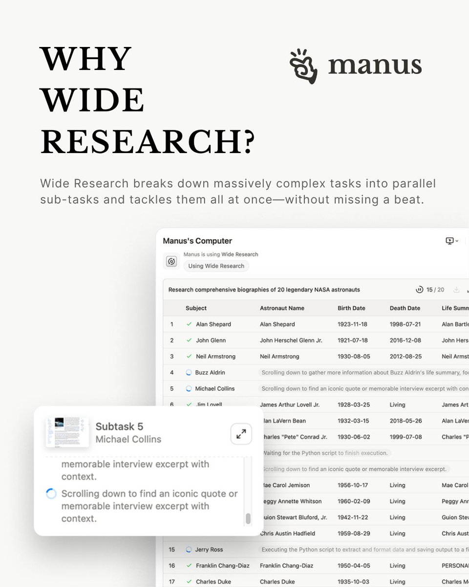 Why Wide Research?

👉What are the benefits of Wide Research?  
👉What are some use cases?  
👉What have we done to optimize costs and prevent credit overuse? 

Find out more: 🧵