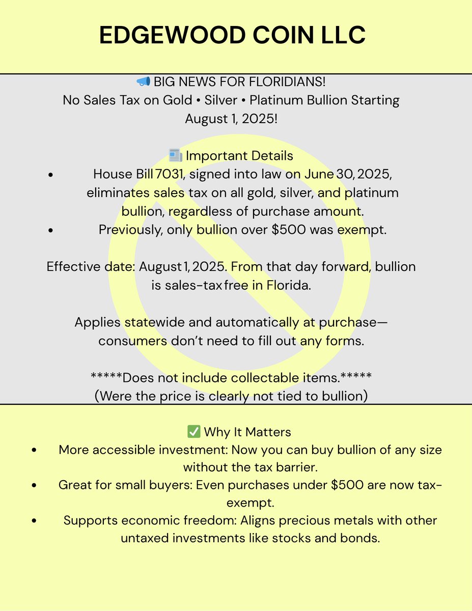 EdgewoodCoin's tweet image. Come shop us for alllll your bullion needs! 
Starting today allllll bullion items are non-taxable!
Extremely exciting for collectors and business owners!