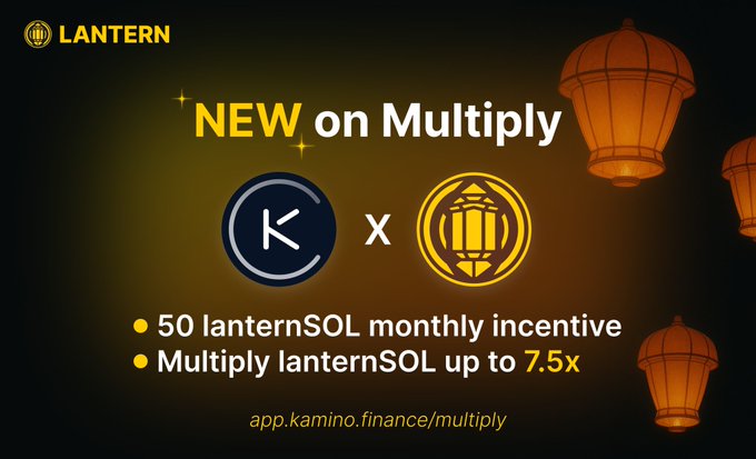 Lantern SOL and Kamino Finance partnership announcement with 7.5x multiply yield and 50 lanternSOL incentive