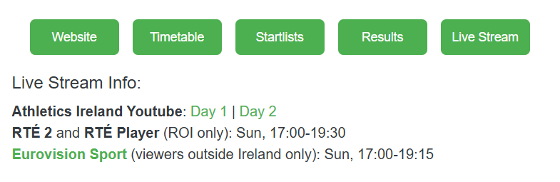 TrackAthletes (@trackathletesie) on Twitter photo Good news for those who can't make it to Santry for over the weekend: <a href="/irishathletics/">Athletics Ireland</a> will have a Youtube stream across both days, and the events RTÉ 2 cover on Sunday evening will be shown outside Ireland via <a href="/EurovisionSport/">Eurovision Sport</a>
🔗trackathletes.ie/meeting/123ie-… Good news for those who can't make it to Santry for over the weekend: <a href="/irishathletics/">Athletics Ireland</a> will have a Youtube stream across both days, and the events RTÉ 2 cover on Sunday evening will be shown outside Ireland via <a href="/EurovisionSport/">Eurovision Sport</a>
🔗trackathletes.ie/meeting/123ie-…