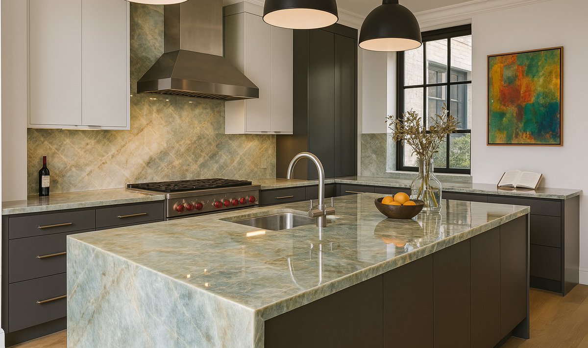 amsumash's tweet image. Calm tones, bold presence – meet Barcelona Quartzite 💚

See it in person (and fall in love!) in our showroom 📸✨
.
#naturalstone #quartzite #backlitstone #Minneapolis #translucent #kitchencountertop #kitcheninspo #luxuriouskitchen #homegoals