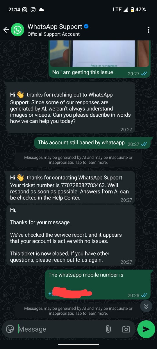NishanthKR18's tweet photo. My WhatsApp account was banned without any reason by this big community.
I tried reaching support through the app — only chatbot replies.
Emailed too, but got just system-generated responses.
From such a big platform, I expected better. Really disappointed with @WhatsApp support https://t.co/ctdtYewYPi